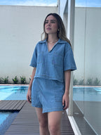 Denim Blusa Cuadrada + Falda-Short Set