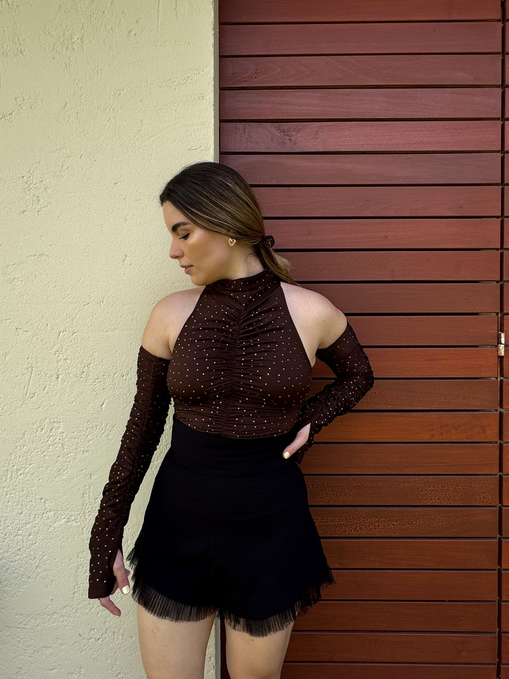 Rose-Suzette brown crystal-embellished bodysuit