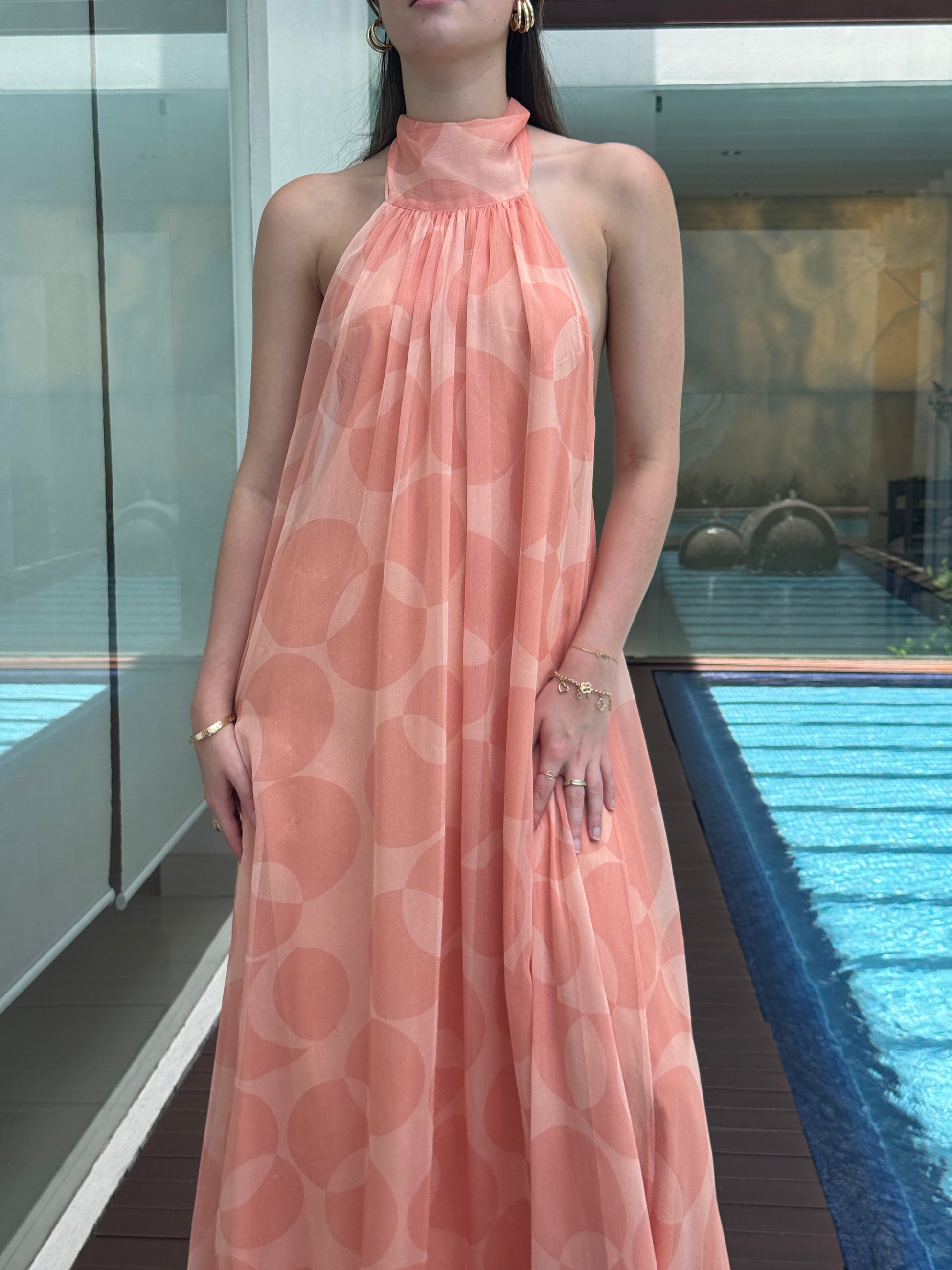 Clemence Vestido Coral-Pink Halterneck