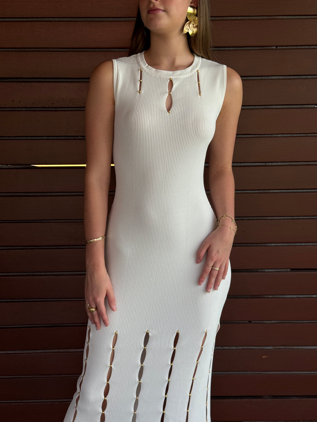 Hilaire white beaded sleeveless cut-out knit midi dress