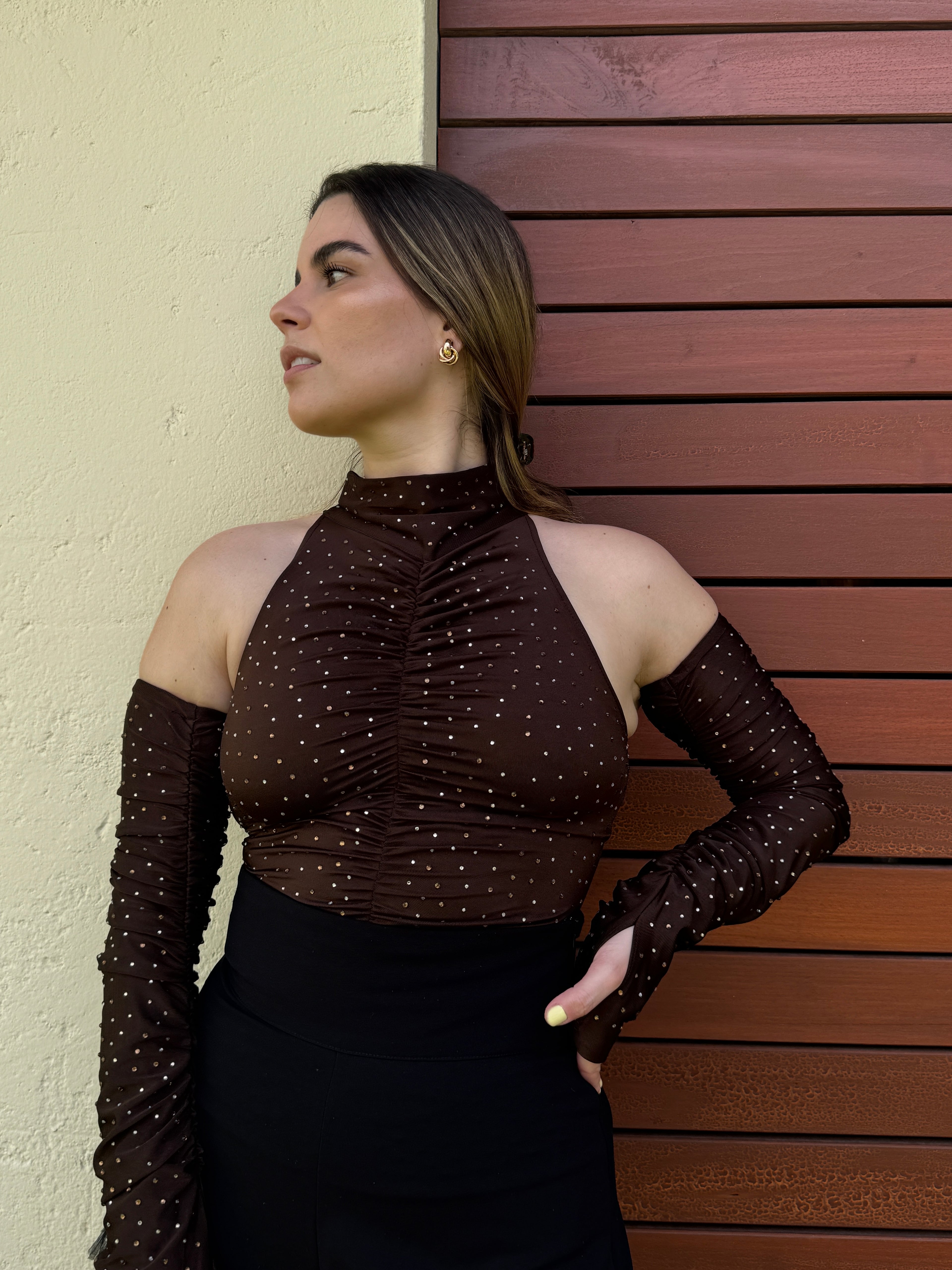 Rose-Suzette brown crystal-embellished bodysuit