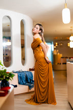 Ludivine ocher off-shoulder cut-out ruched maxi dress