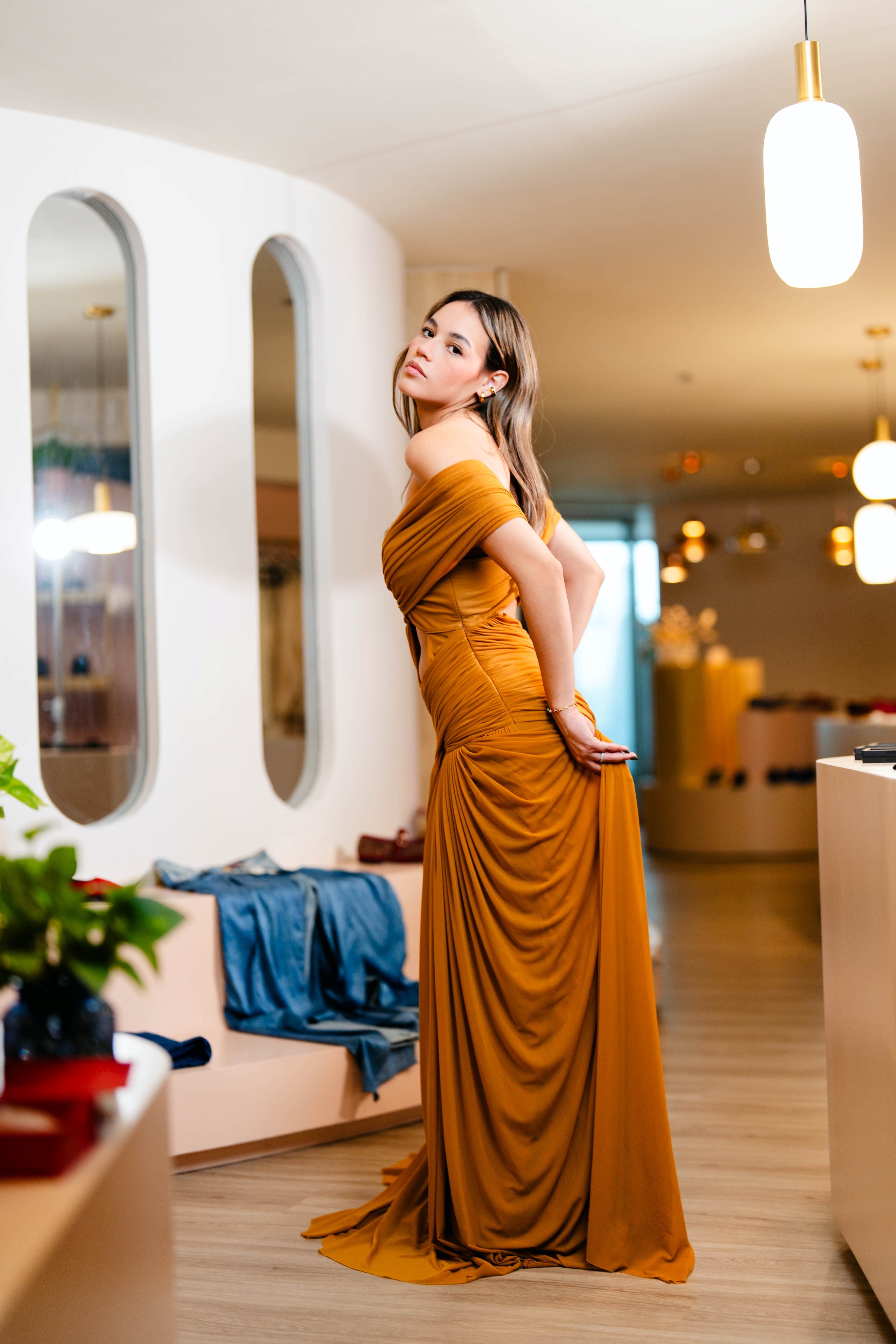 Ludivine ocher off-shoulder cut-out ruched maxi dress