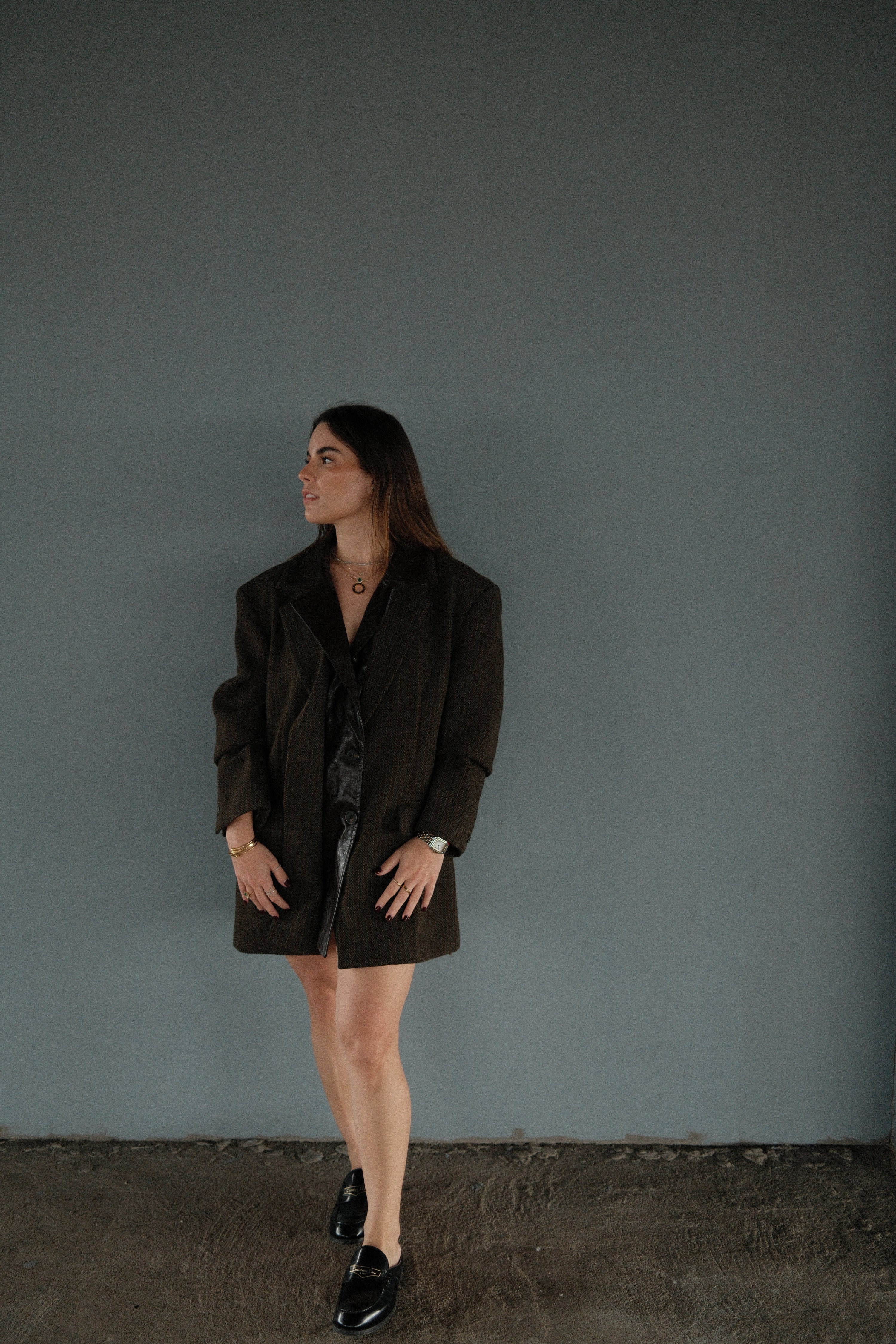 Brown Leather Herringbone Tweed Blazer