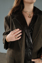 Brown Leather Herringbone Tweed Blazer