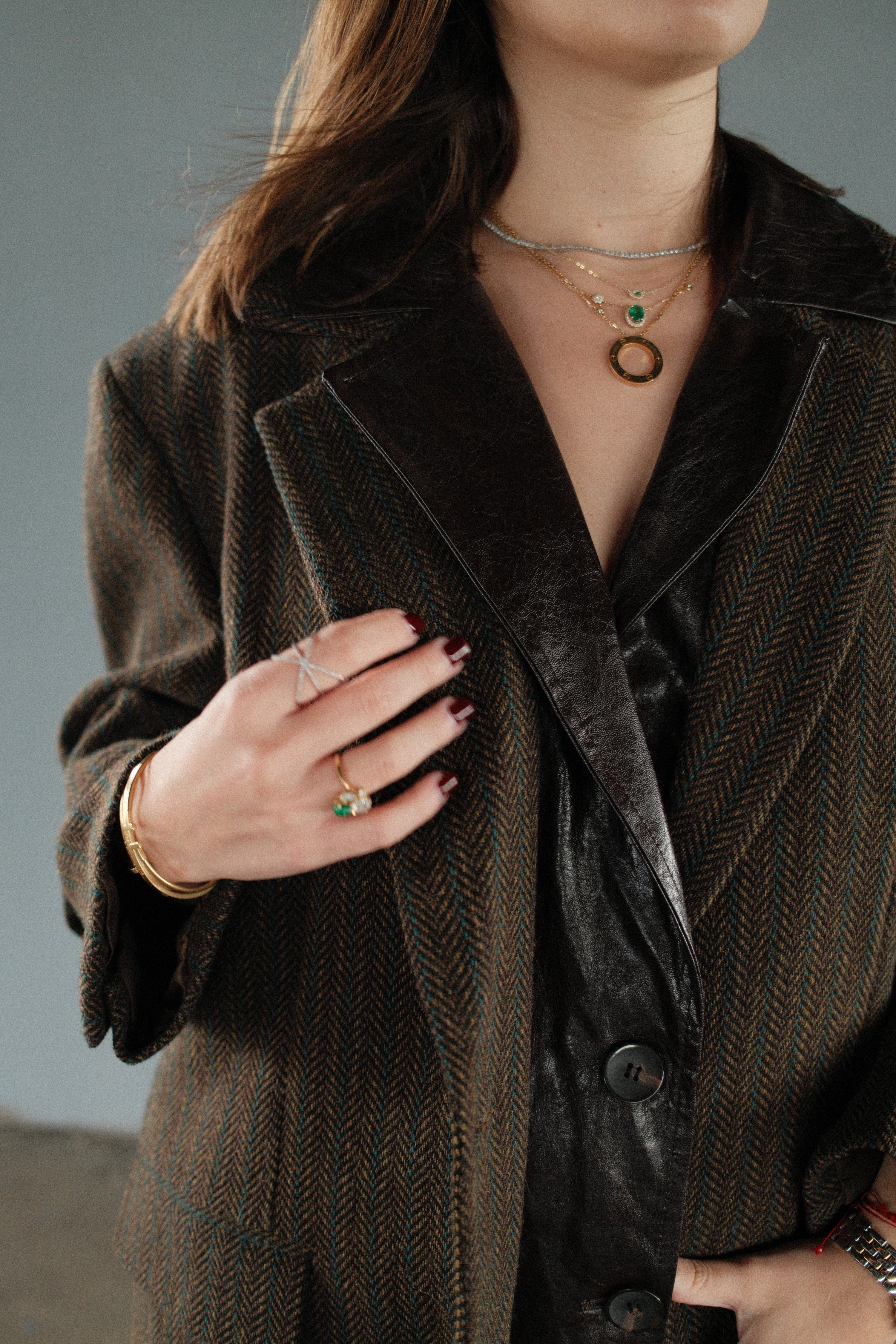 Brown Leather Herringbone Tweed Blazer