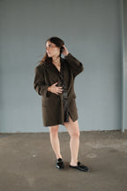 Brown Leather Herringbone Tweed Blazer