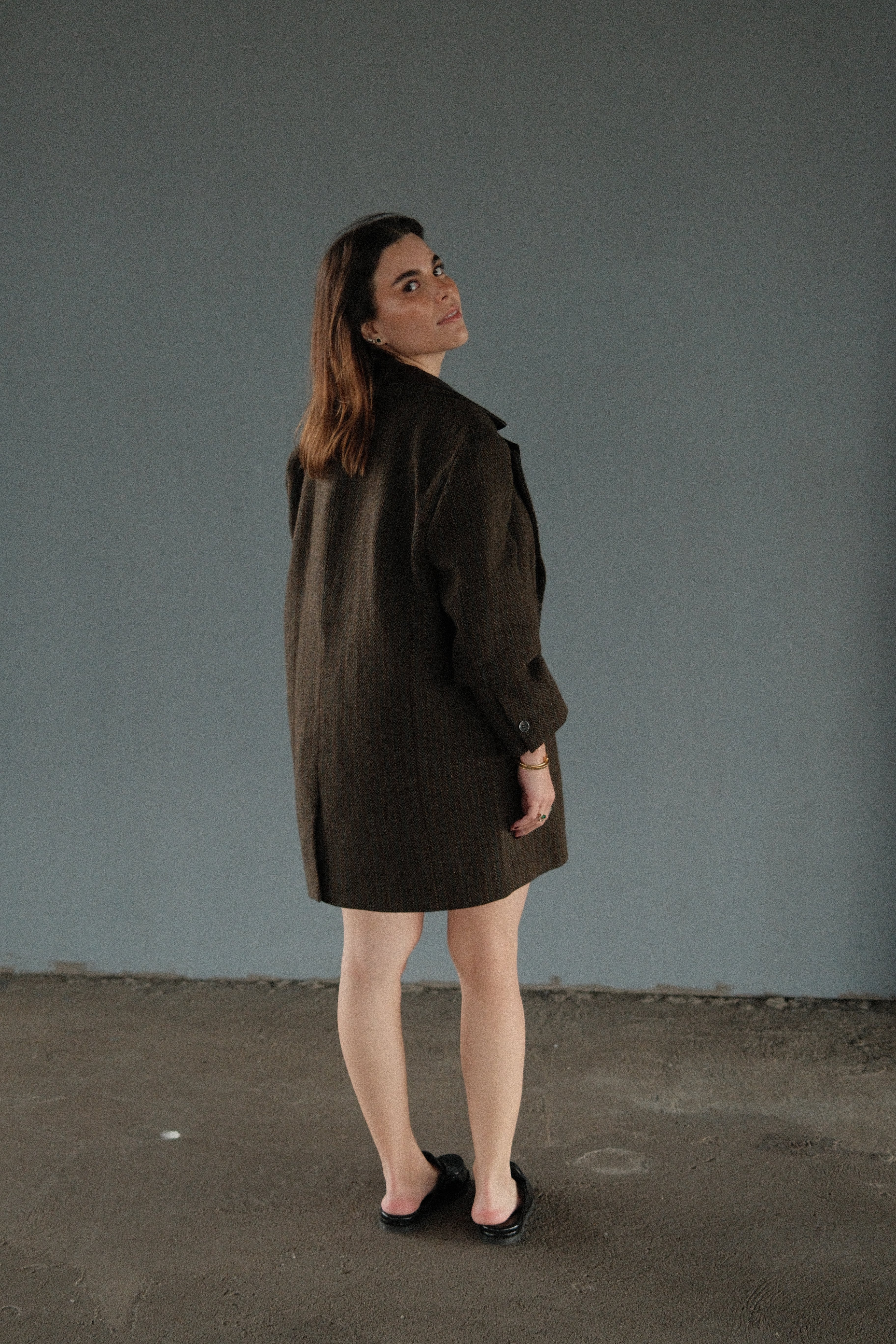 Brown Leather Herringbone Tweed Blazer