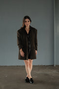 Brown Leather Herringbone Tweed Blazer