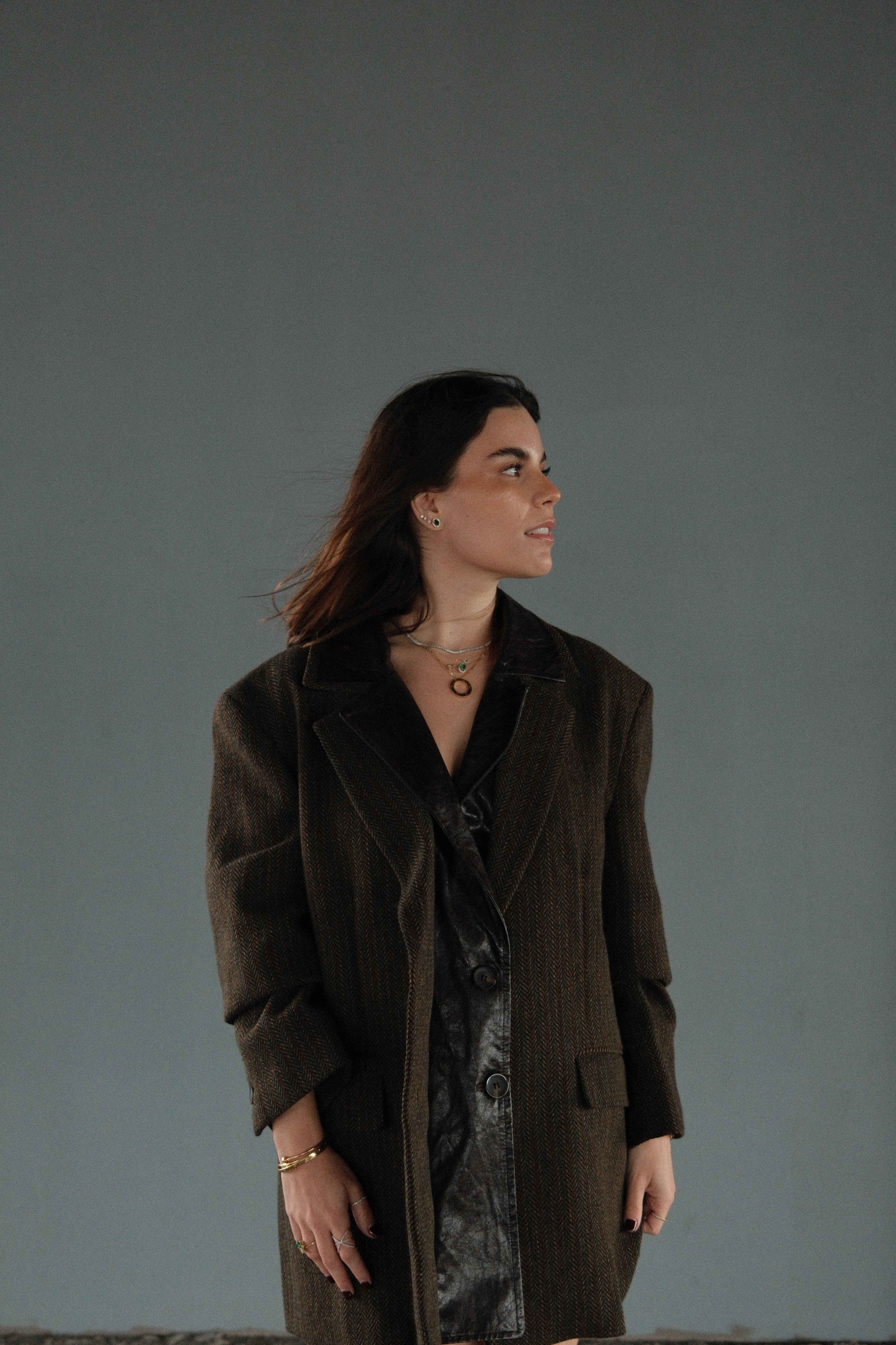 Brown Leather Herringbone Tweed Blazer