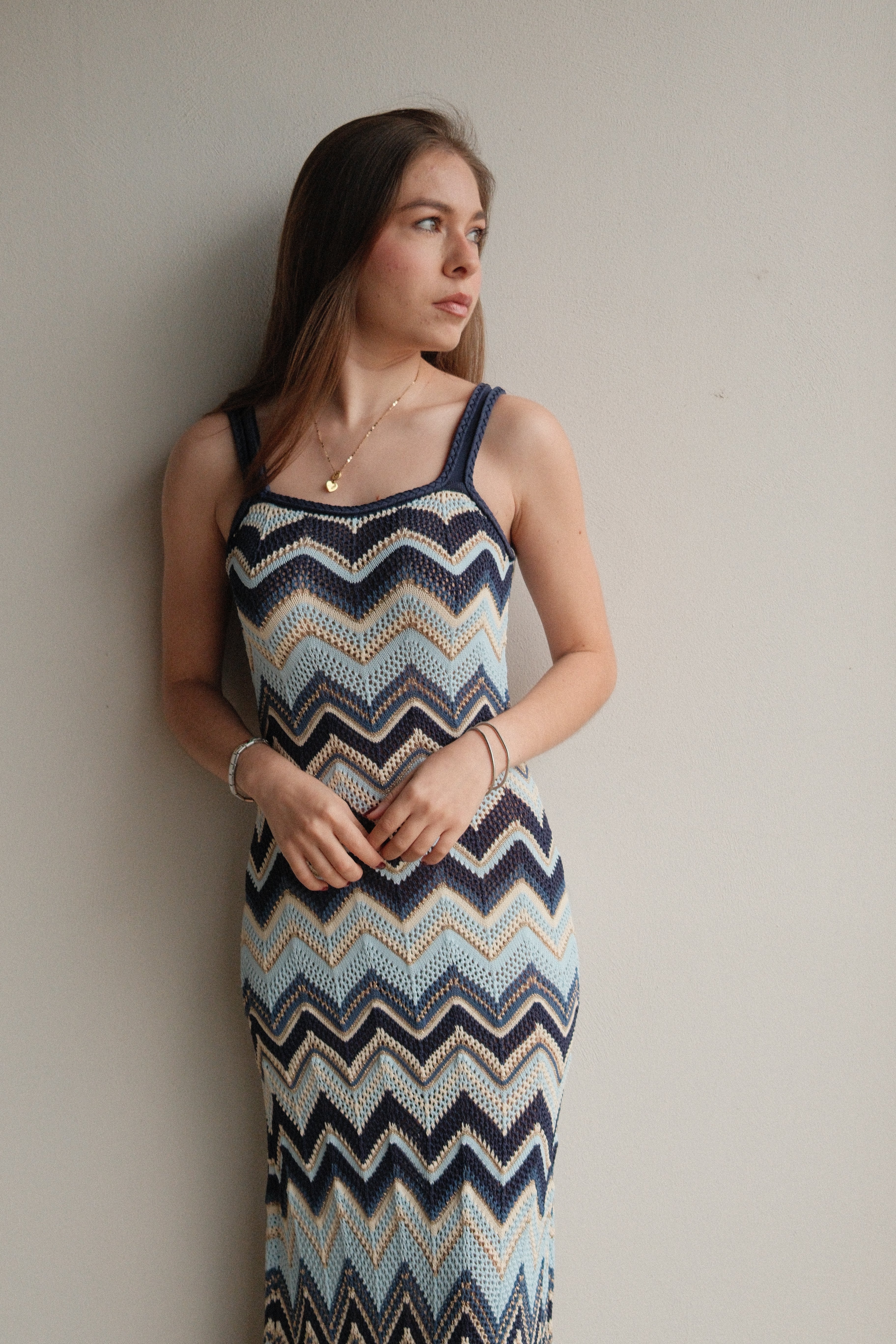 Irina blue zigzag-woven pointelle-knit maxi dress