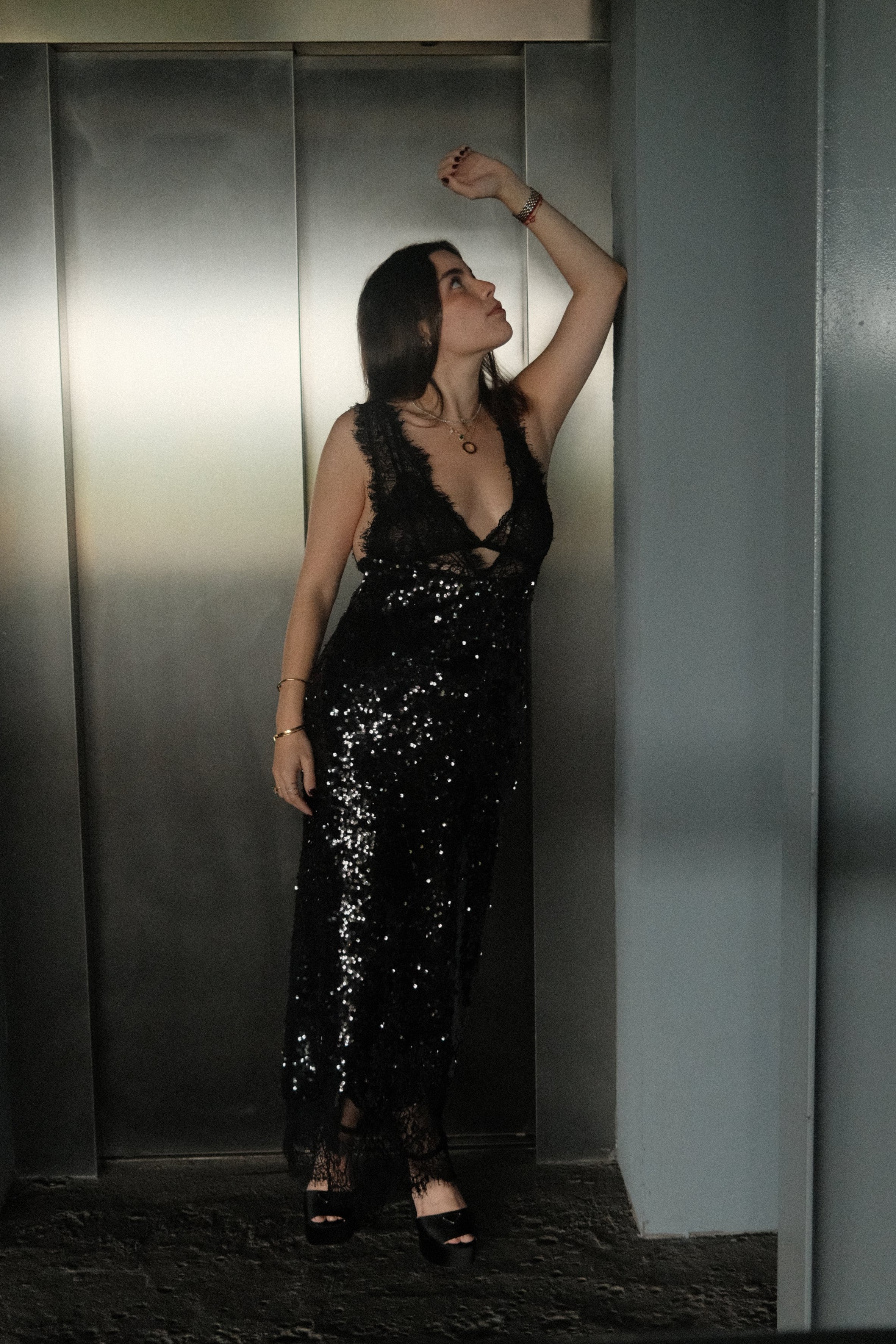 Ava Black Lace Panel Sequined Maxi Dress