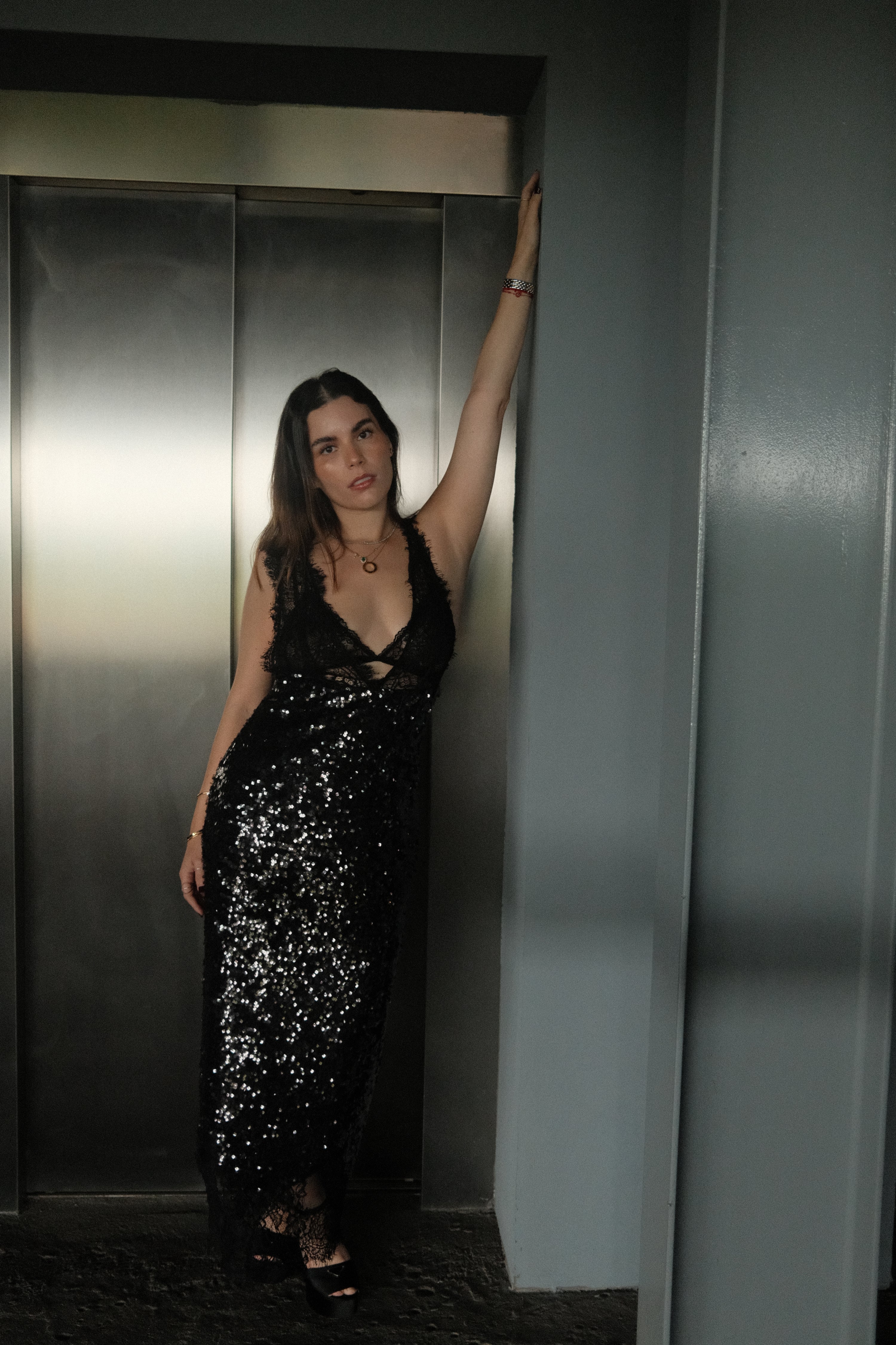 Ava Black Lace Panel Sequined Maxi Dress