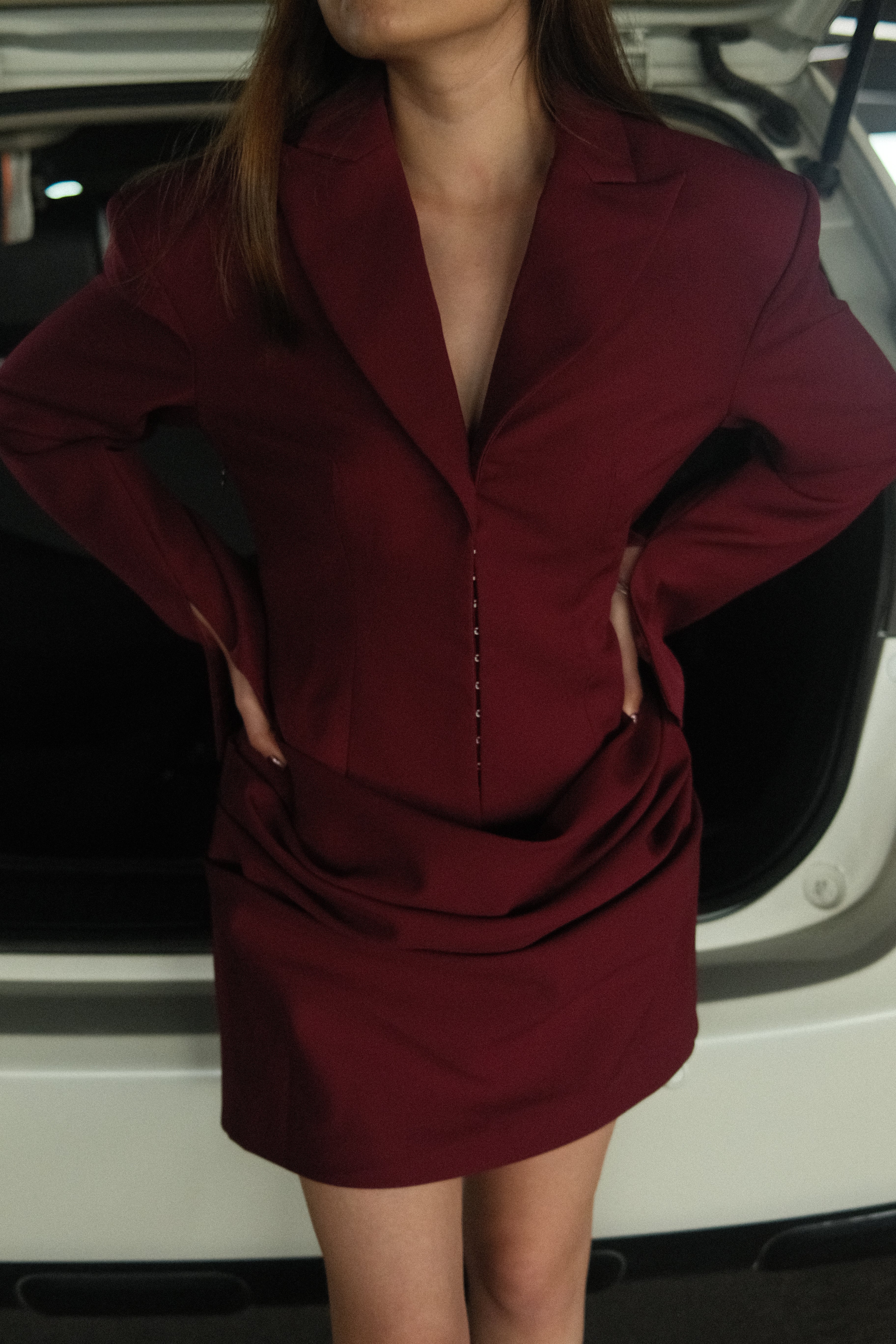 Rosette Wine Red Ruched Blazer Mini Dress