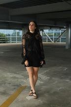 Quintine Black Ribbon Tie-Neck Floral Lace Blouse