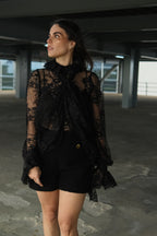 Quintine Black Ribbon Tie-Neck Floral Lace Blouse