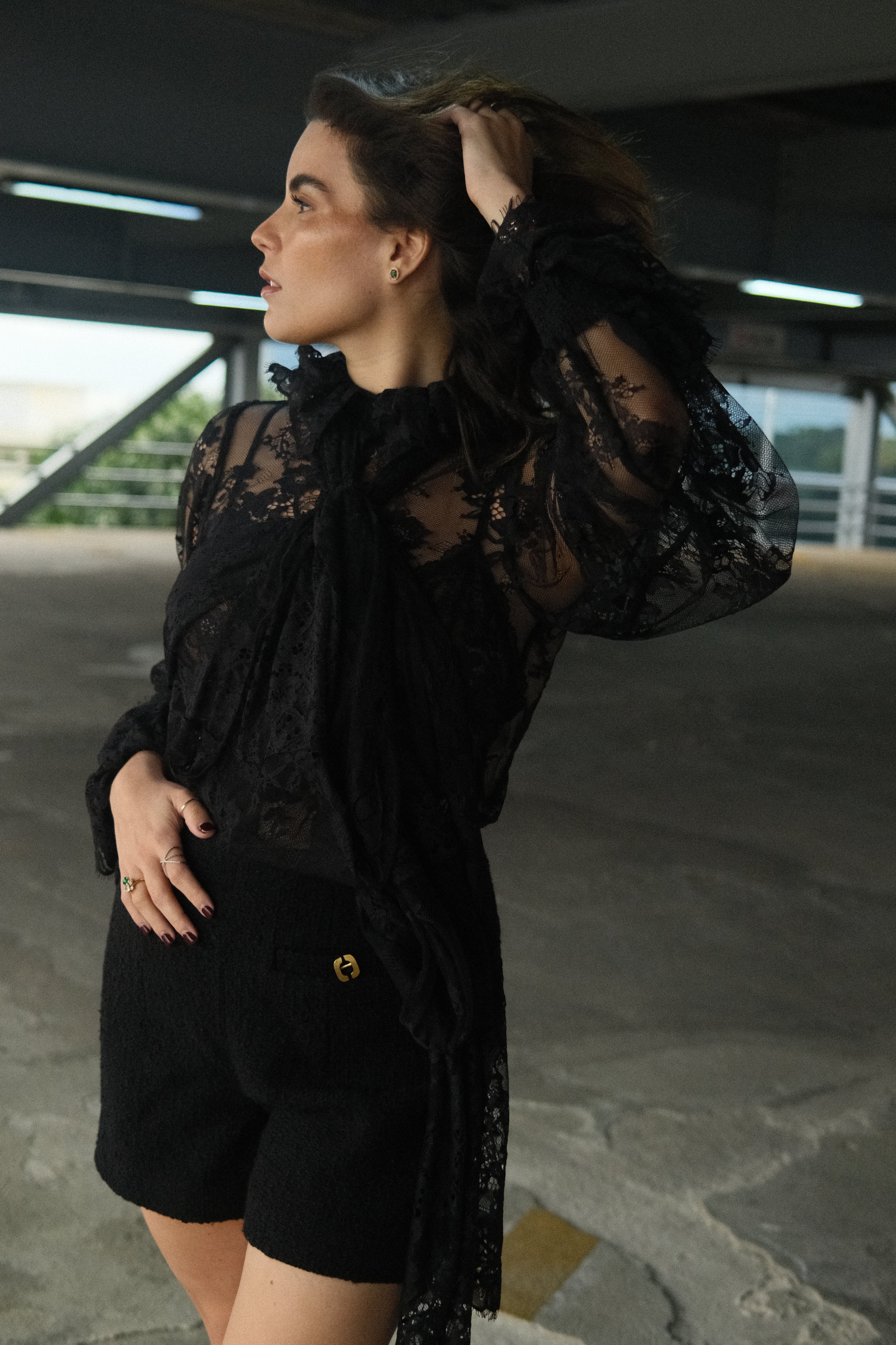 Quintine Black Ribbon Tie-Neck Floral Lace Blouse