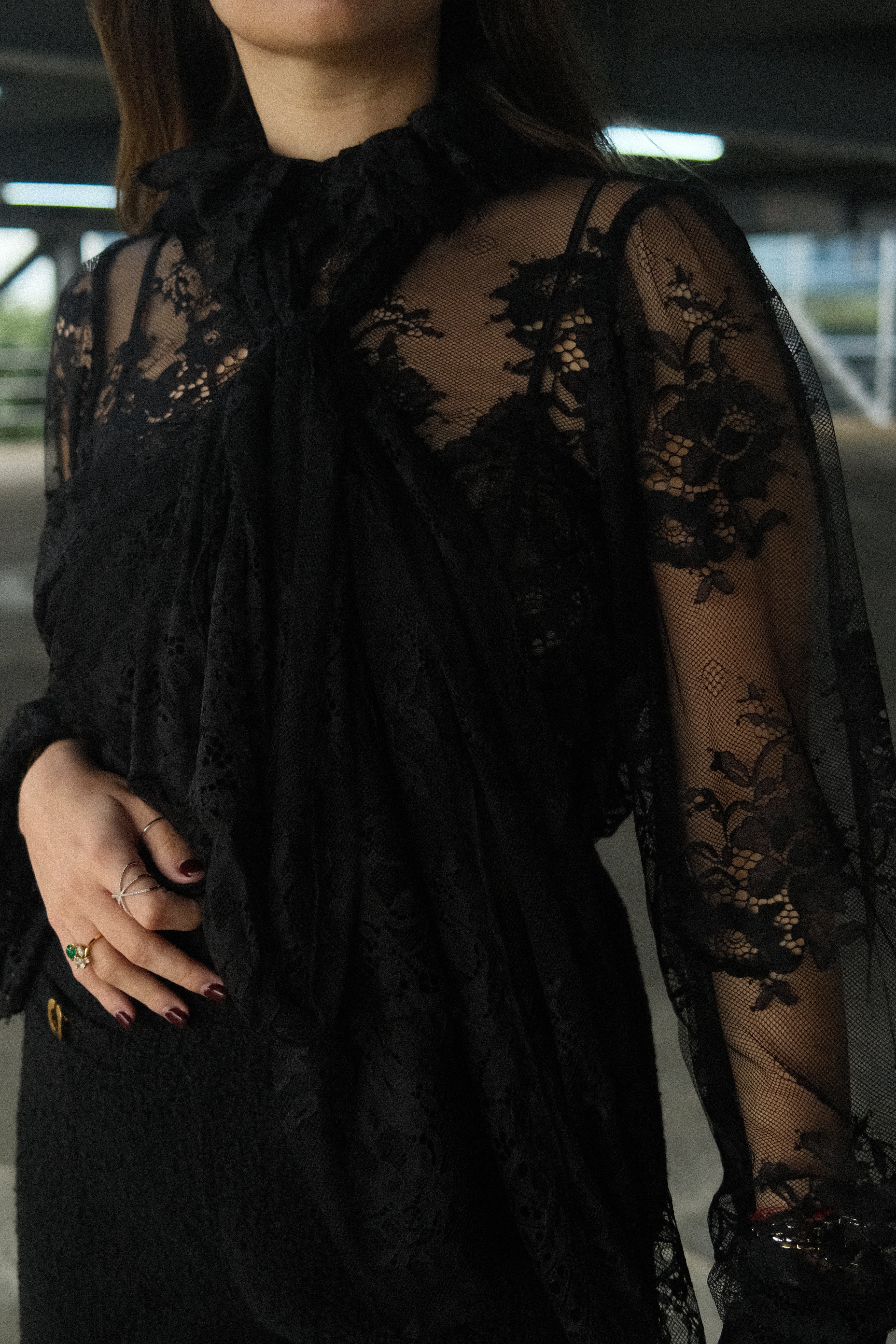 Quintine Black Ribbon Tie-Neck Floral Lace Blouse