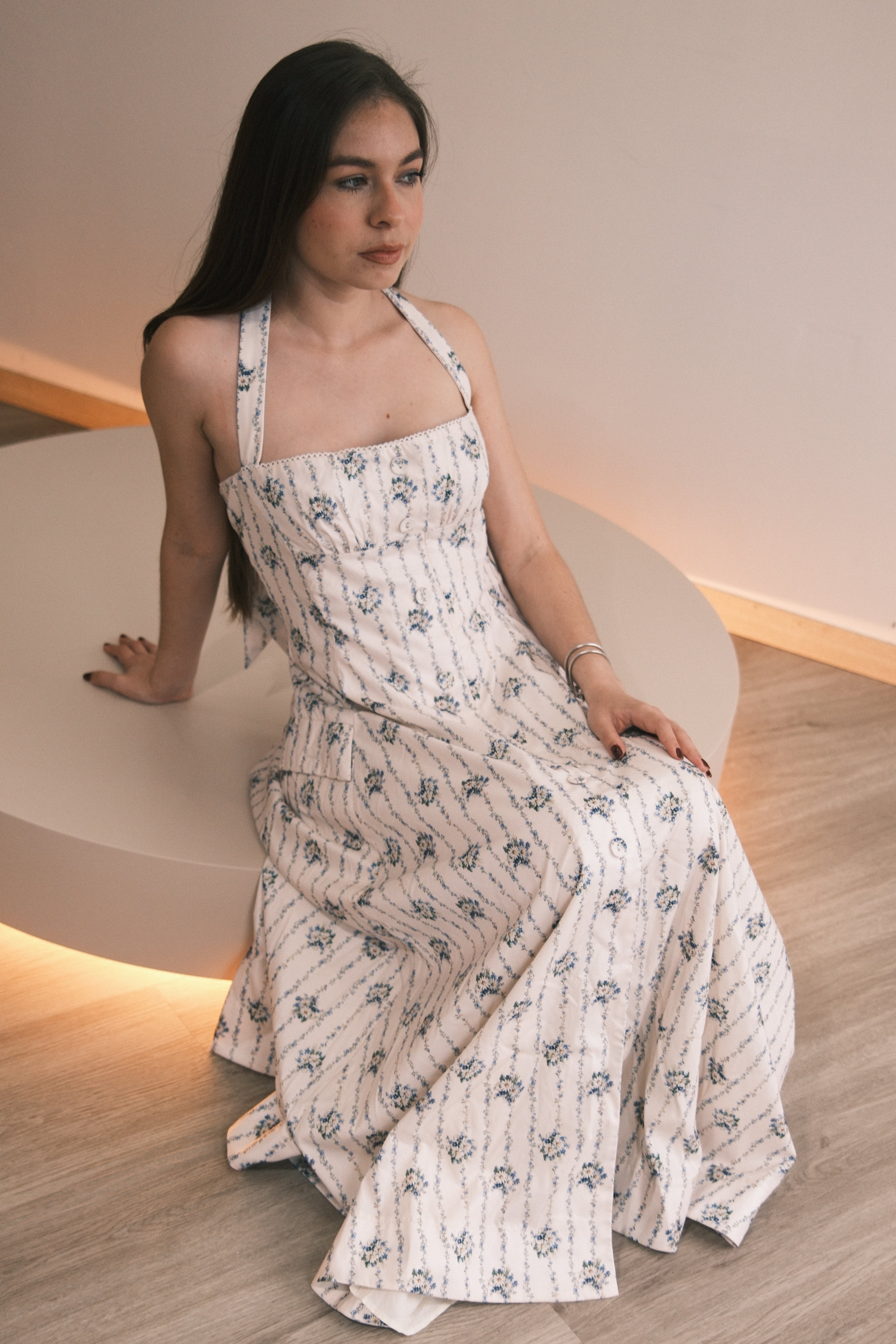 Estela White Halterneck Floral Print Midi Dress