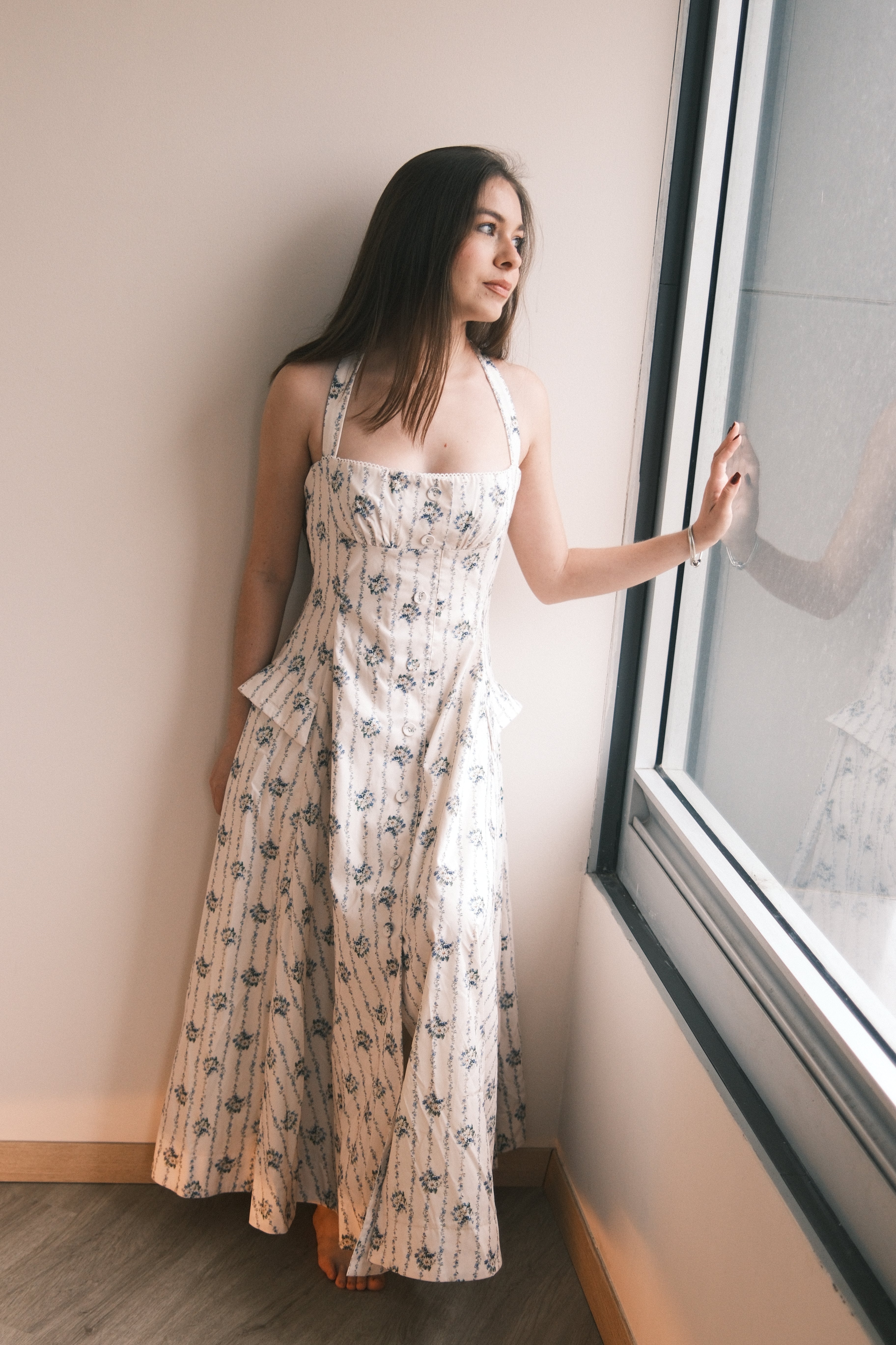 Estela White Halterneck Floral Print Midi Dress