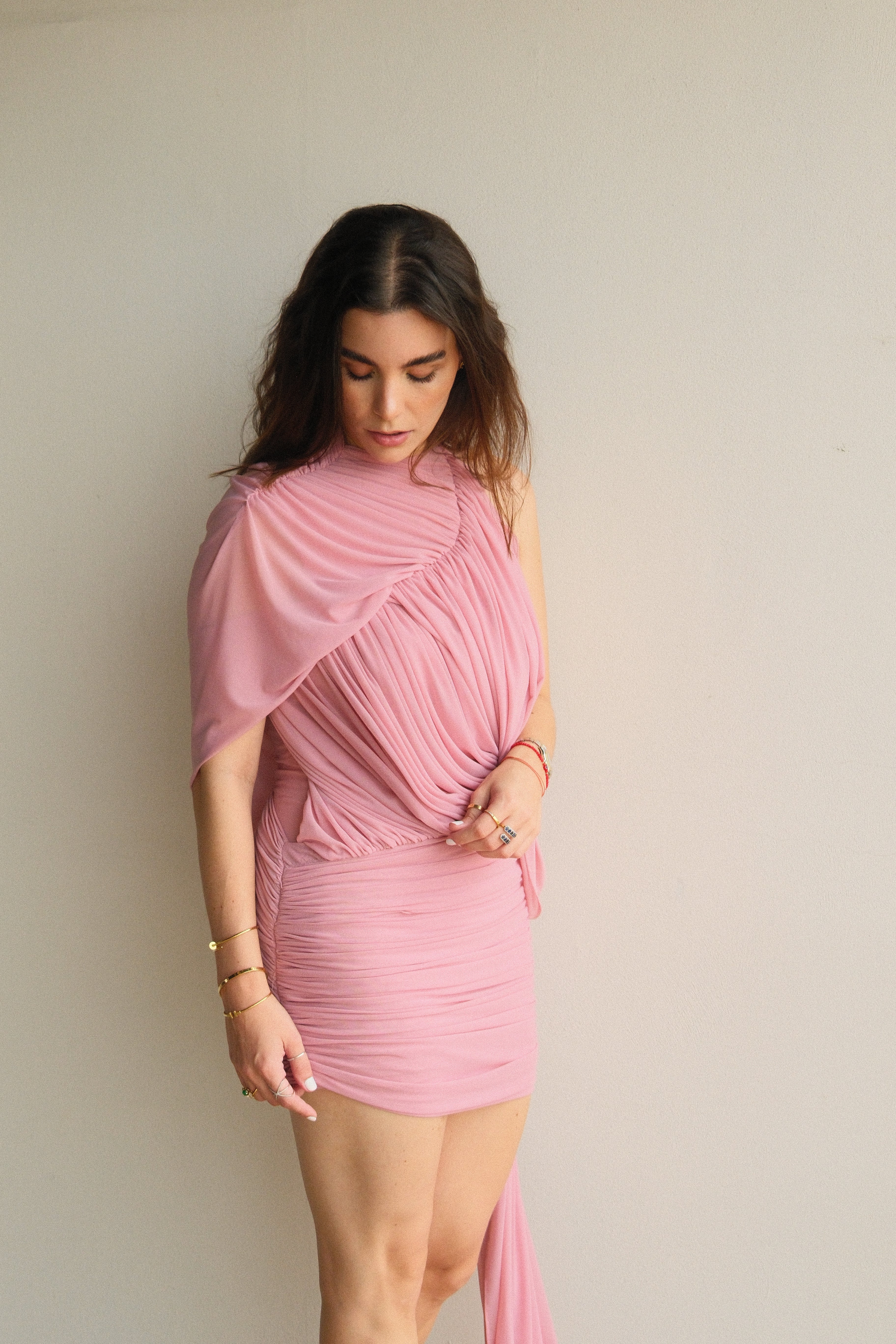 Minke Vestido Mini Rosa Asimetrico Drapeado