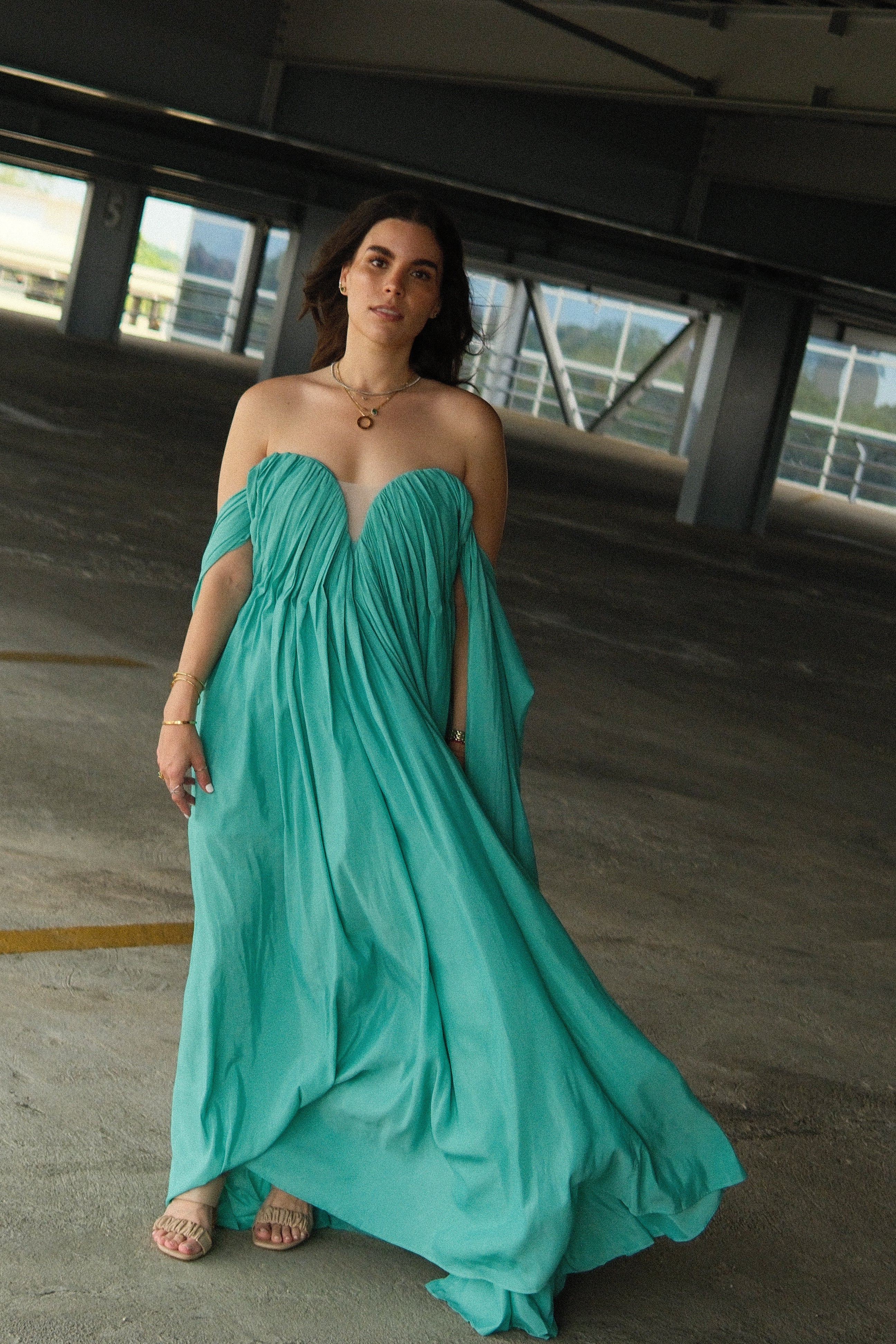 Maelle Vestido Largo Verde Off Shoulder
