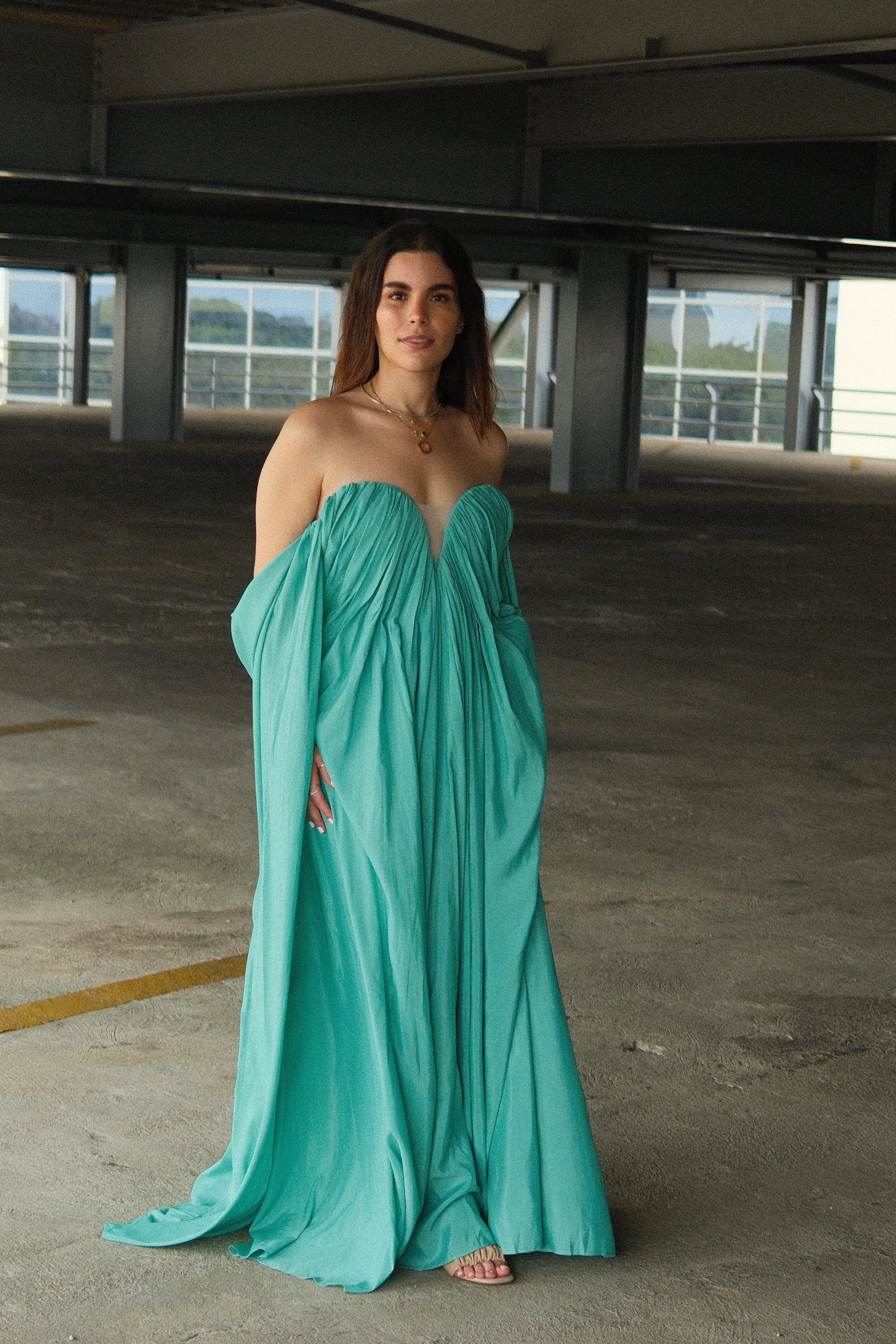 Maelle Vestido Largo Verde Off Shoulder