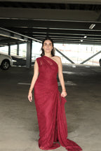 Stefania Vestido Largo Rojo con Encaje Floral