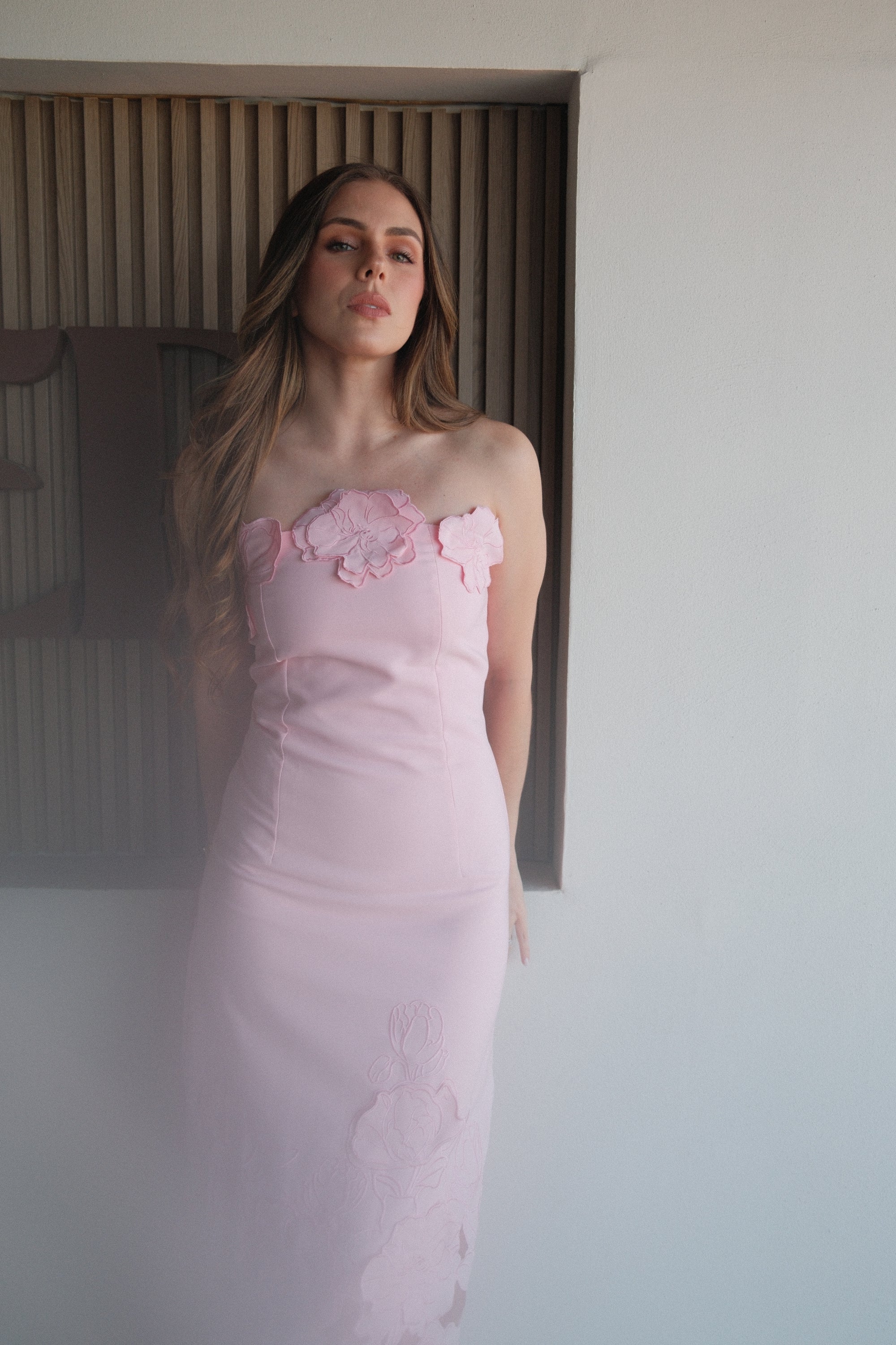 Inga Vestido Largo Rosa Strapless Floral