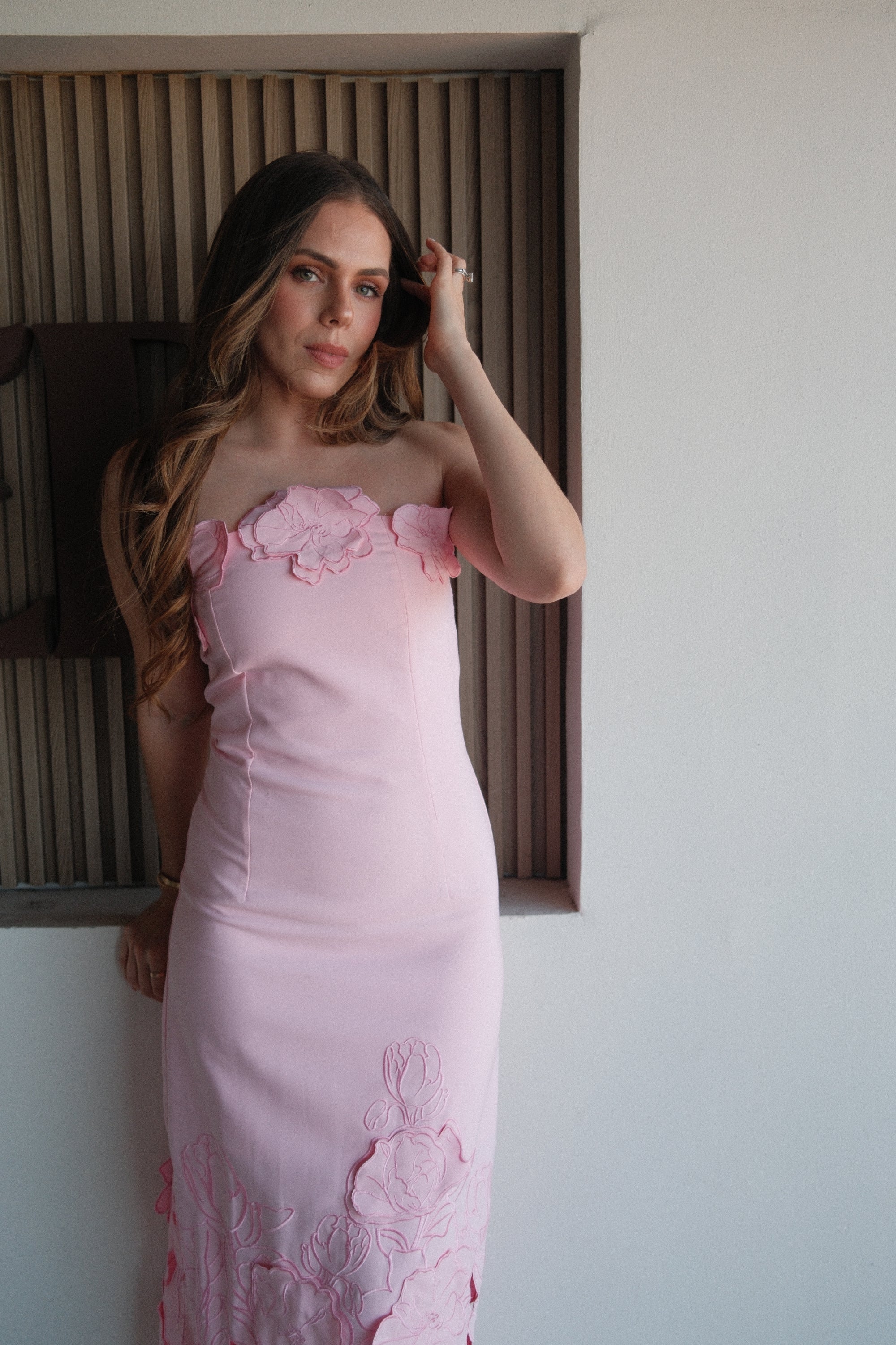 Inga Vestido Largo Rosa Strapless Floral