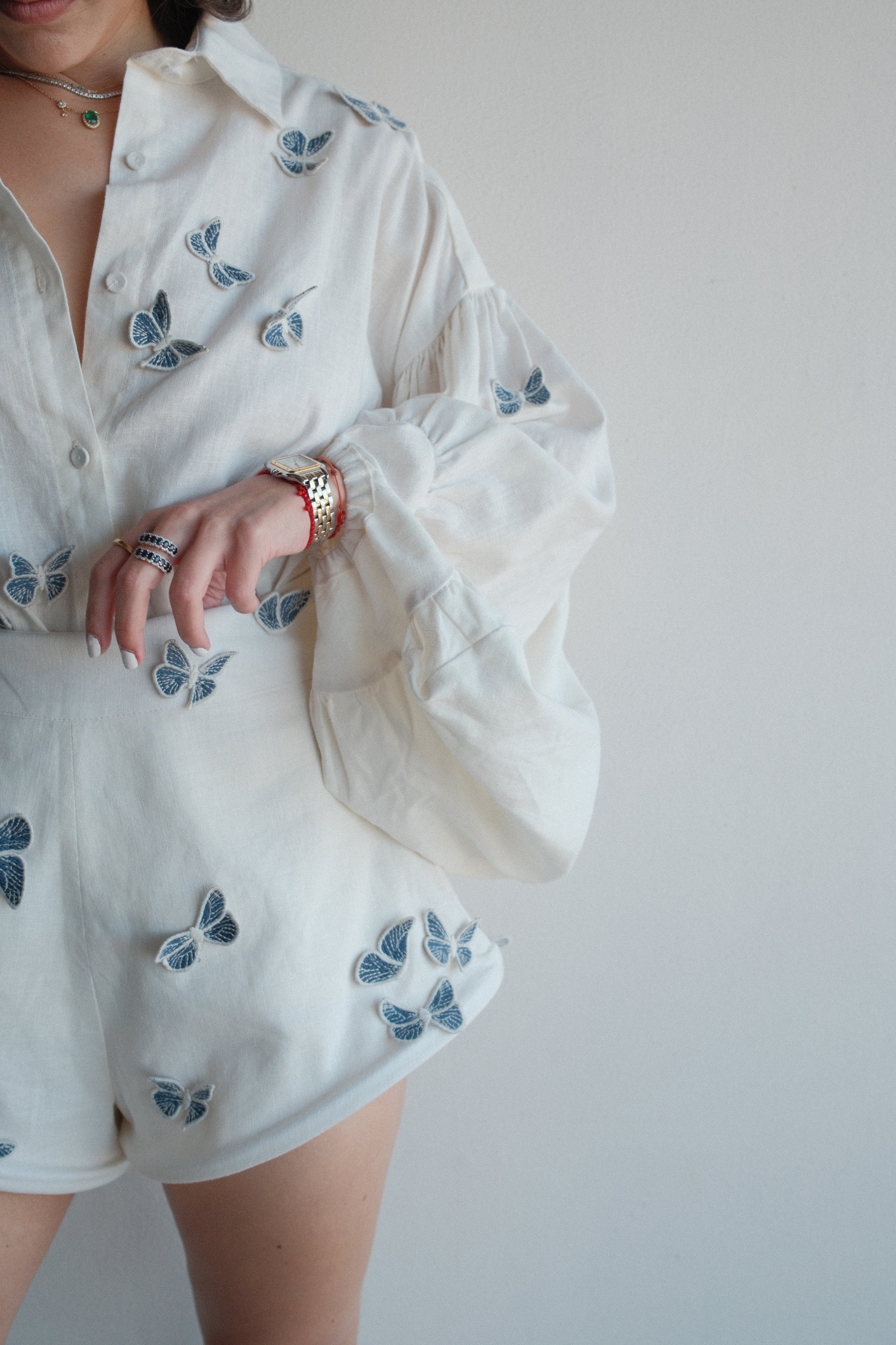 Ophelia Butterfly Embroidered Shirt & Shorts Set