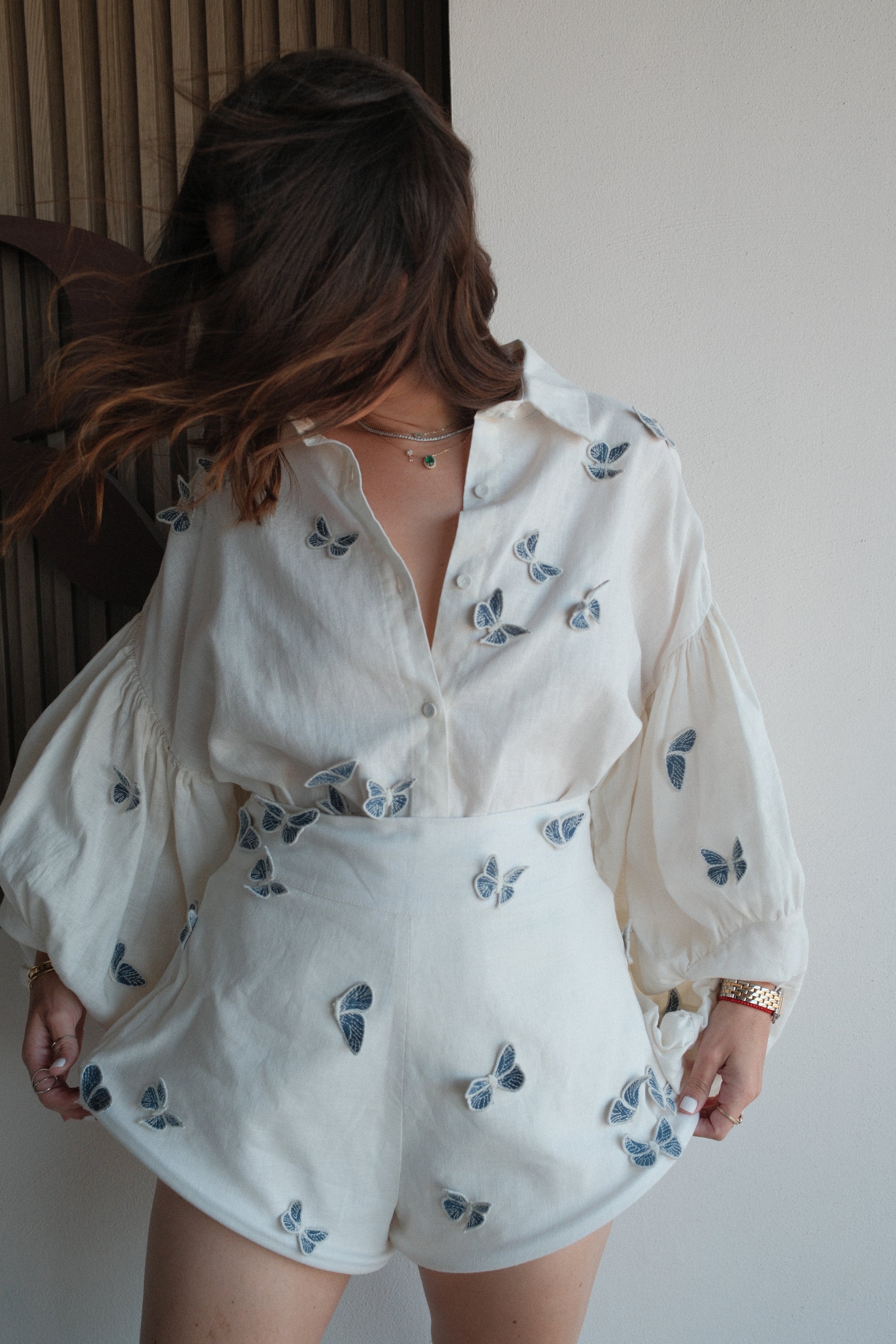 Ophelia Butterfly Embroidered Shirt & Shorts Set