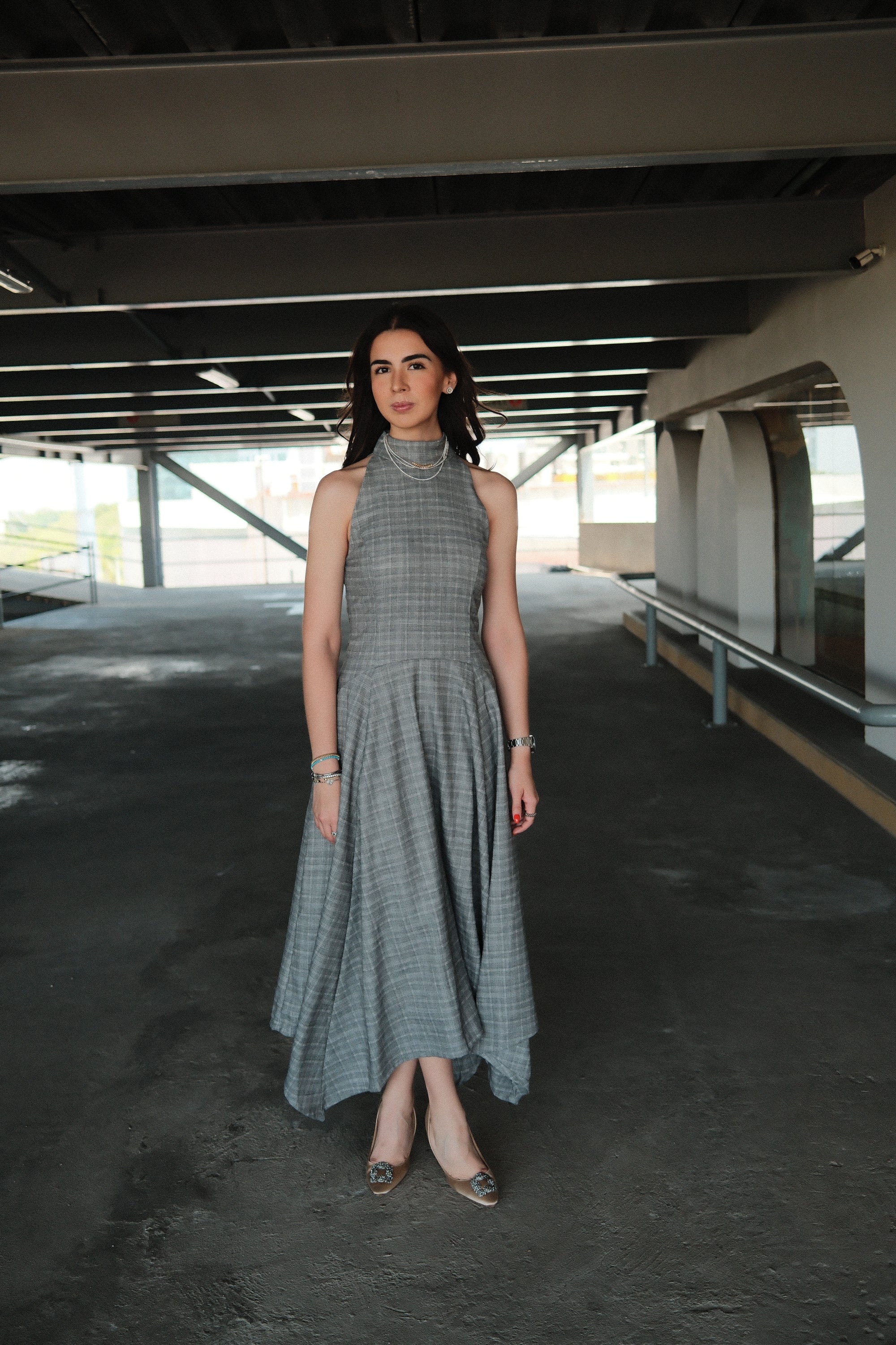 Wilhemine Vestido Midi Cuadros Gris