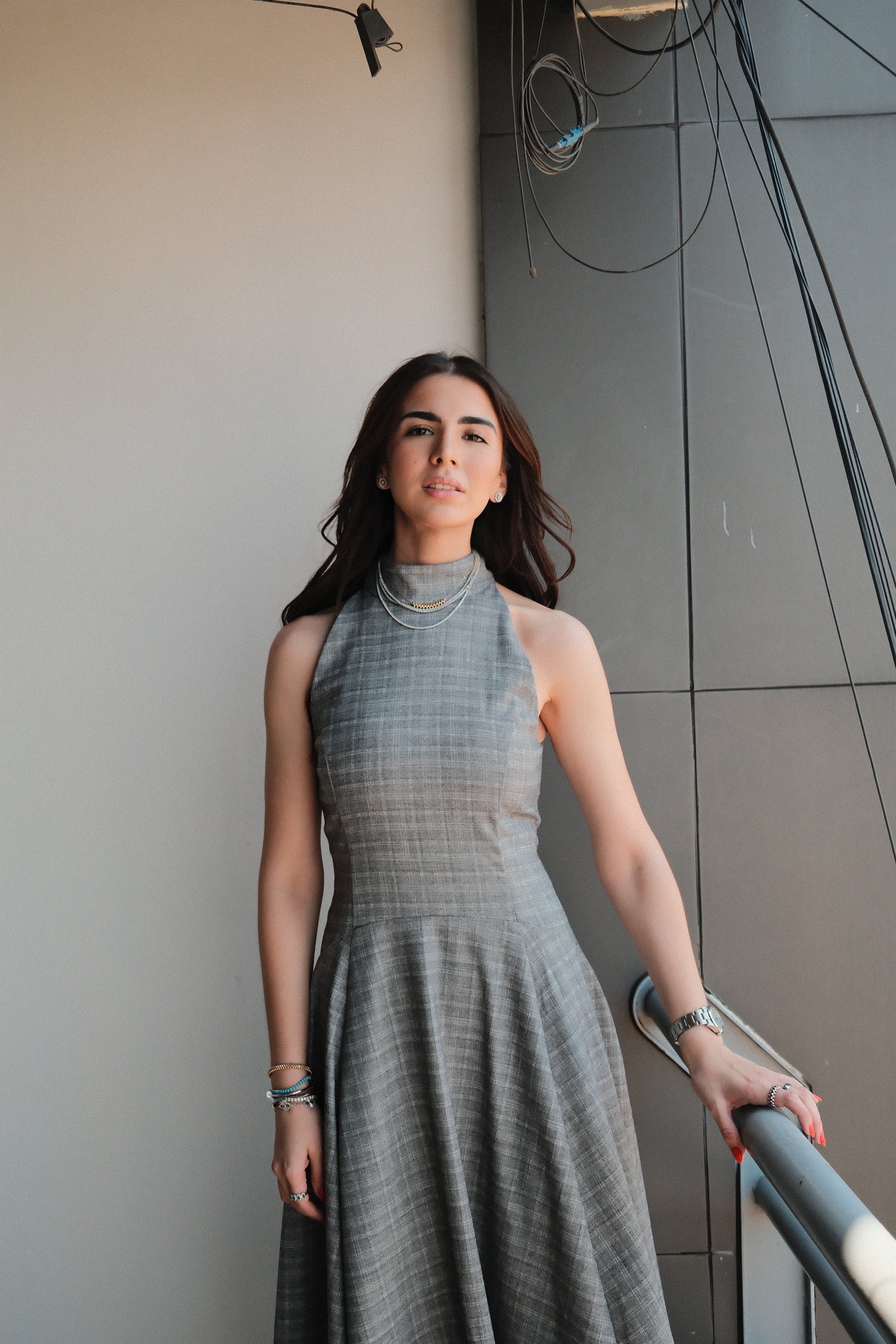 Wilhemine Vestido Midi Cuadros Gris