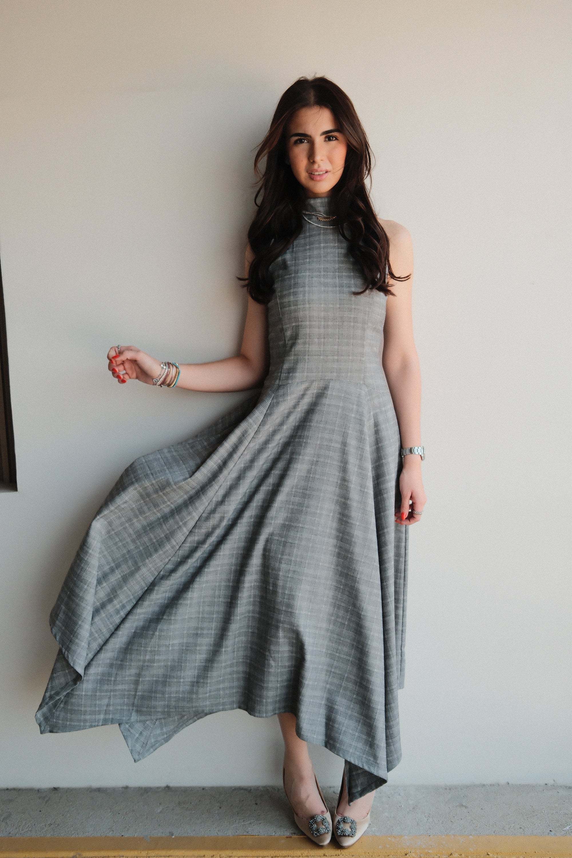 Wilhemine Vestido Midi Cuadros Gris