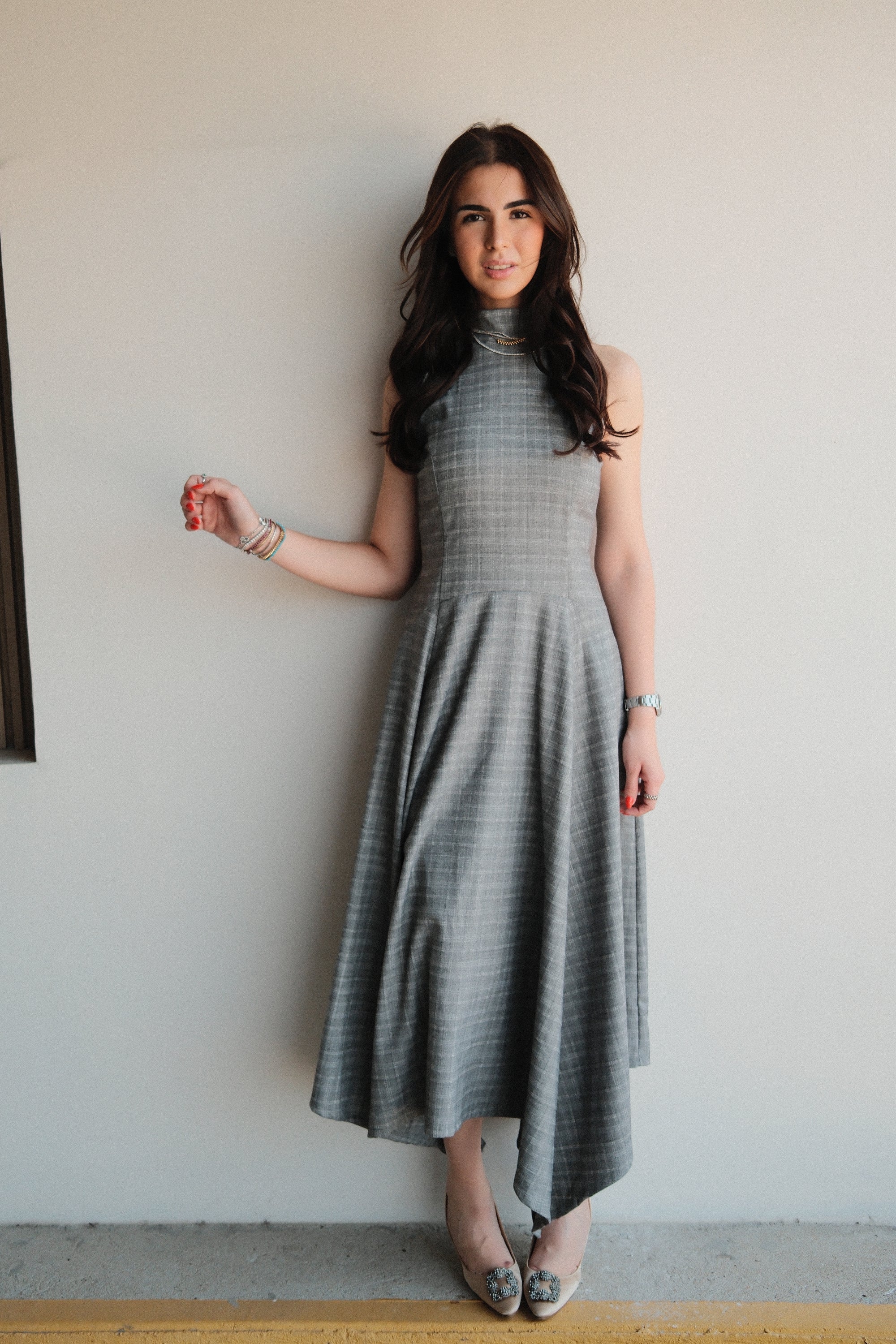 Wilhemine Vestido Midi Cuadros Gris
