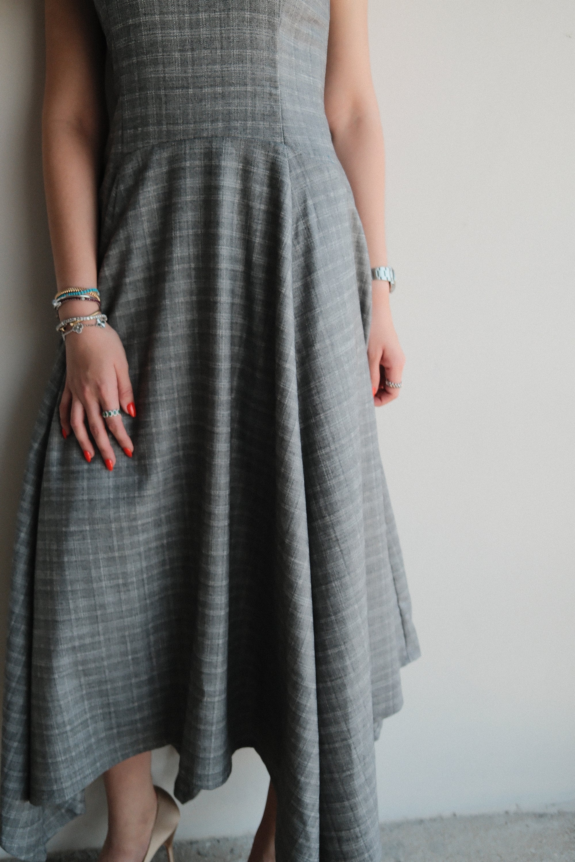 Wilhemine Vestido Midi Cuadros Gris