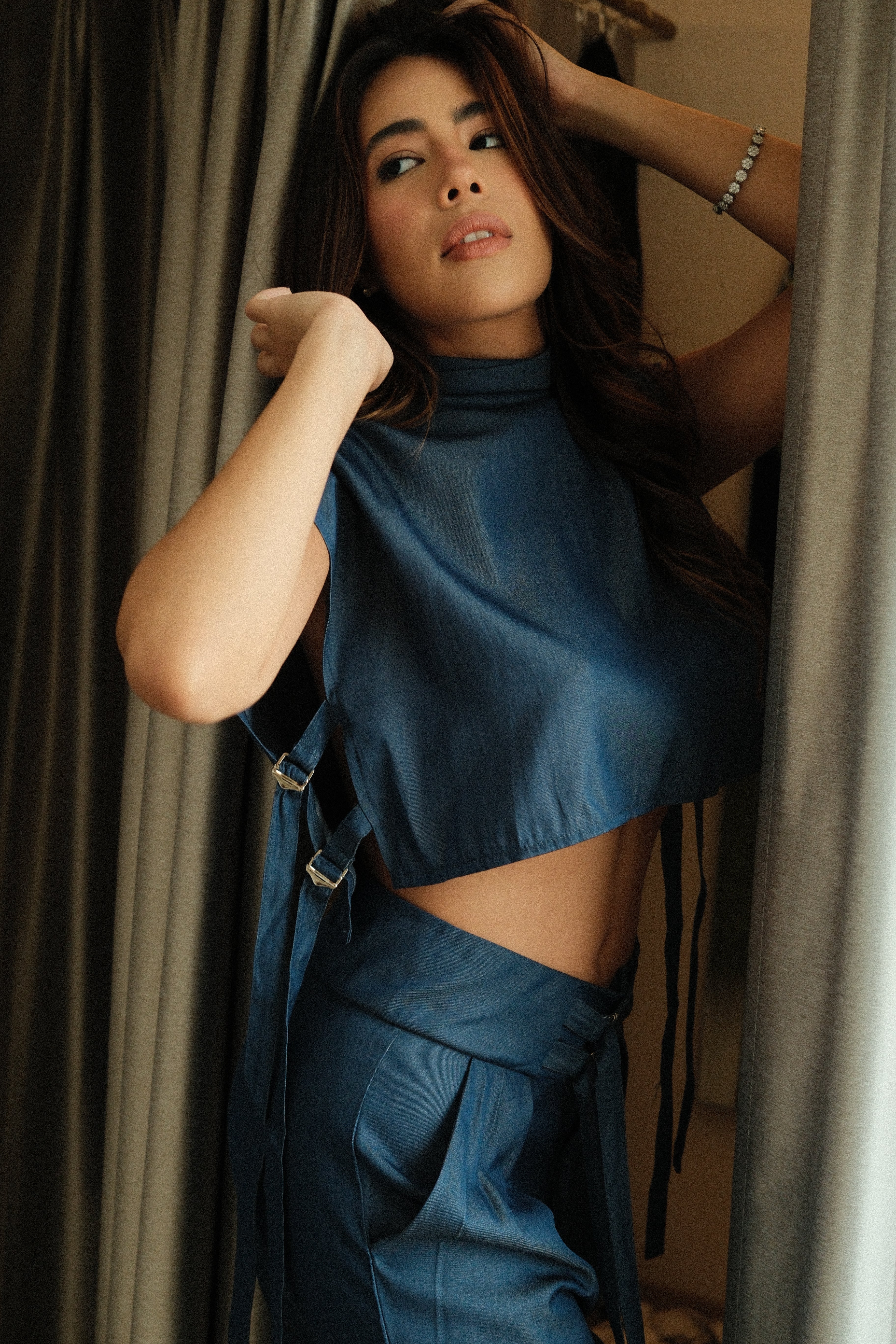 Dark Denim Set crop Top + Pantalón cinturón