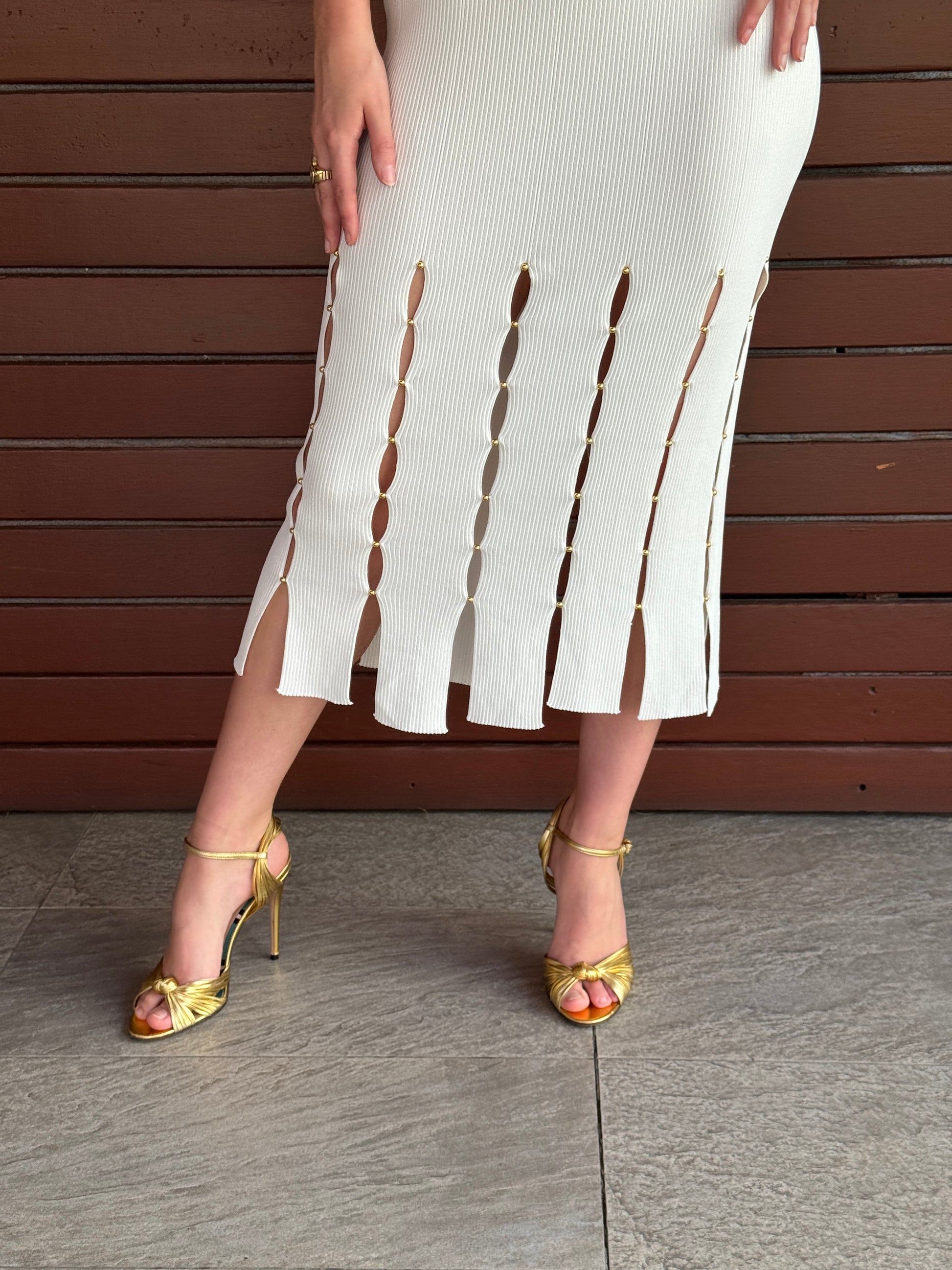 Hilaire white beaded sleeveless cut-out knit midi dress