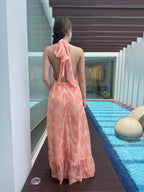 Clemence Vestido Coral-Pink Halterneck