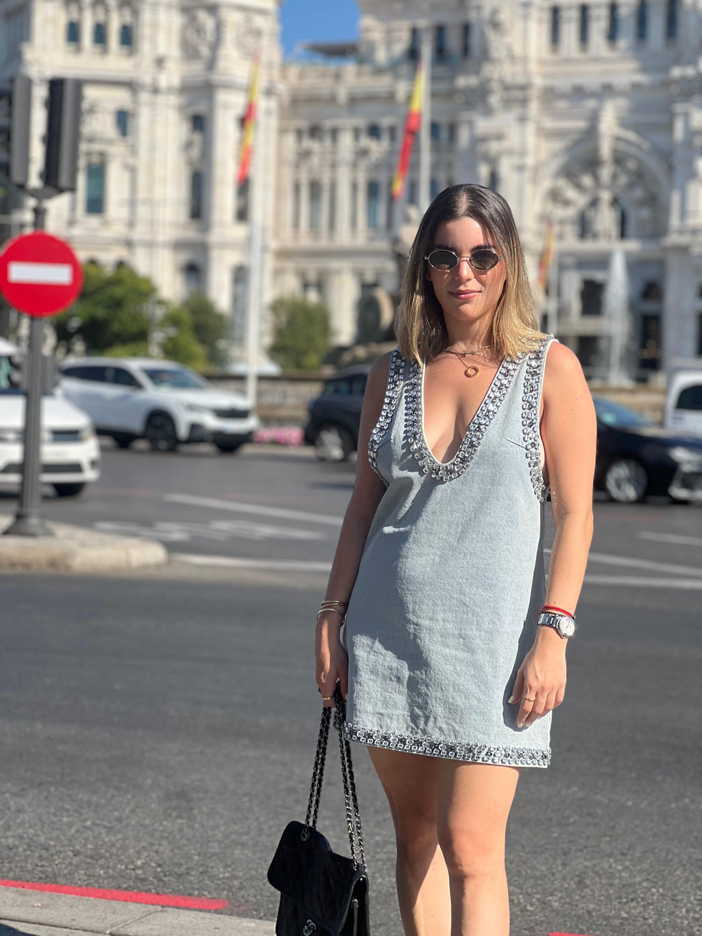 Daphné crystal sleeveless denim mini dress