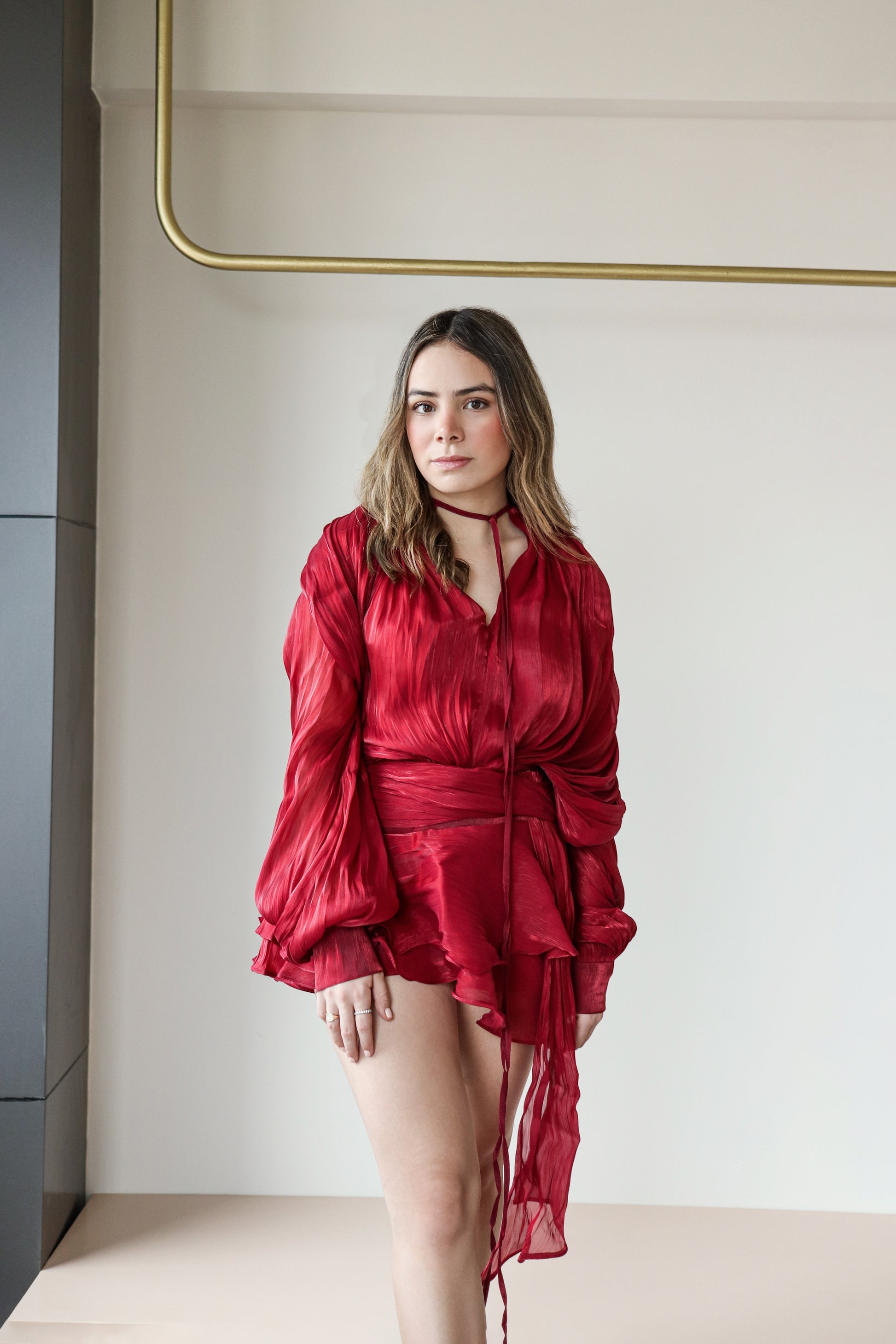 Eugénie fully-pleated ruffled mini dress in Red