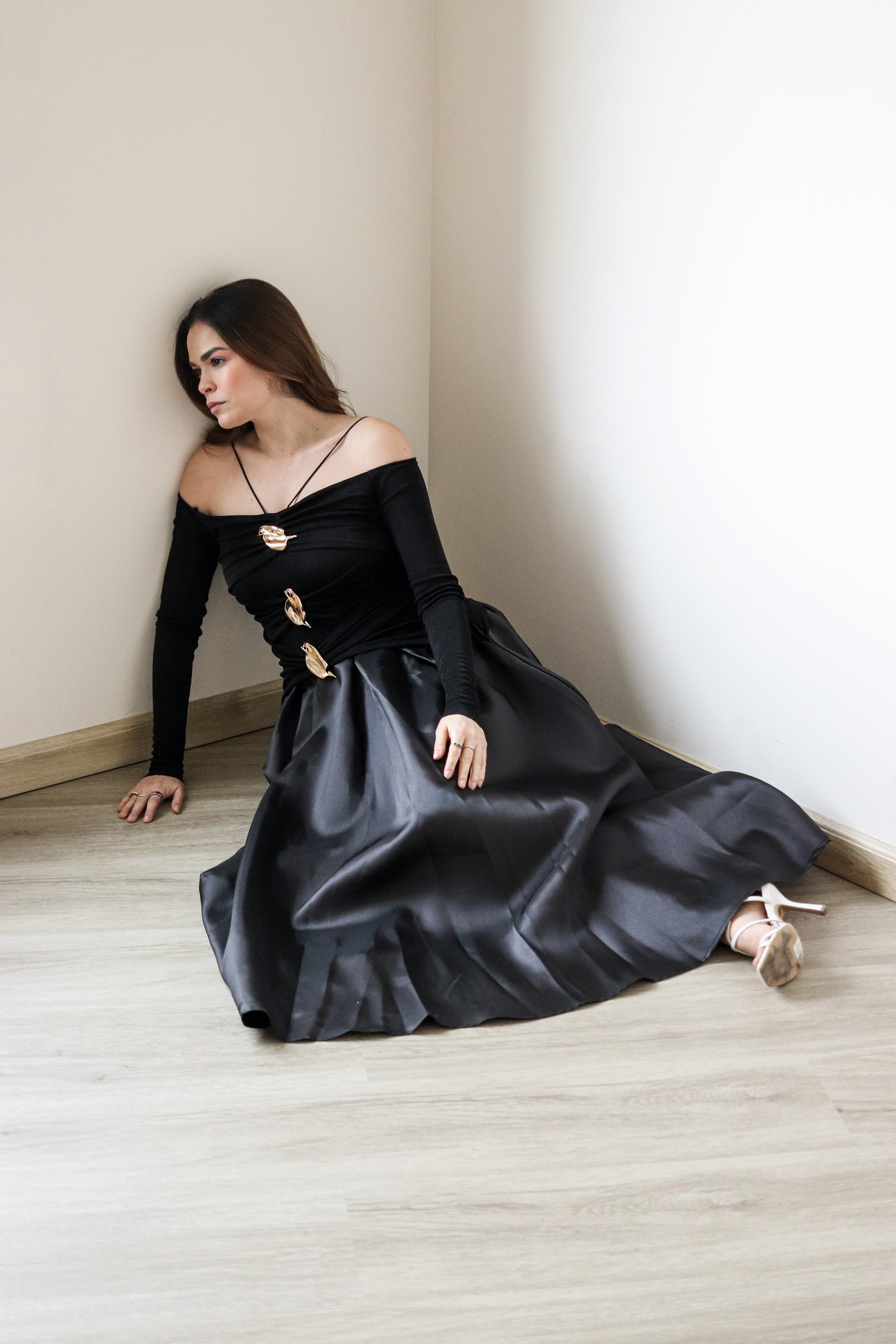 Nadine off-shoulder panelled maxi dress in Black
