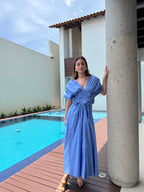 Emma petal-detail drawstring maxi dress in Blue