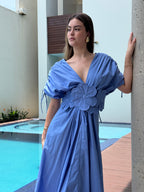 Emma petal-detail drawstring maxi dress in Blue