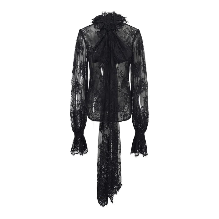 Quintine Black Ribbon Tie-Neck Floral Lace Blouse